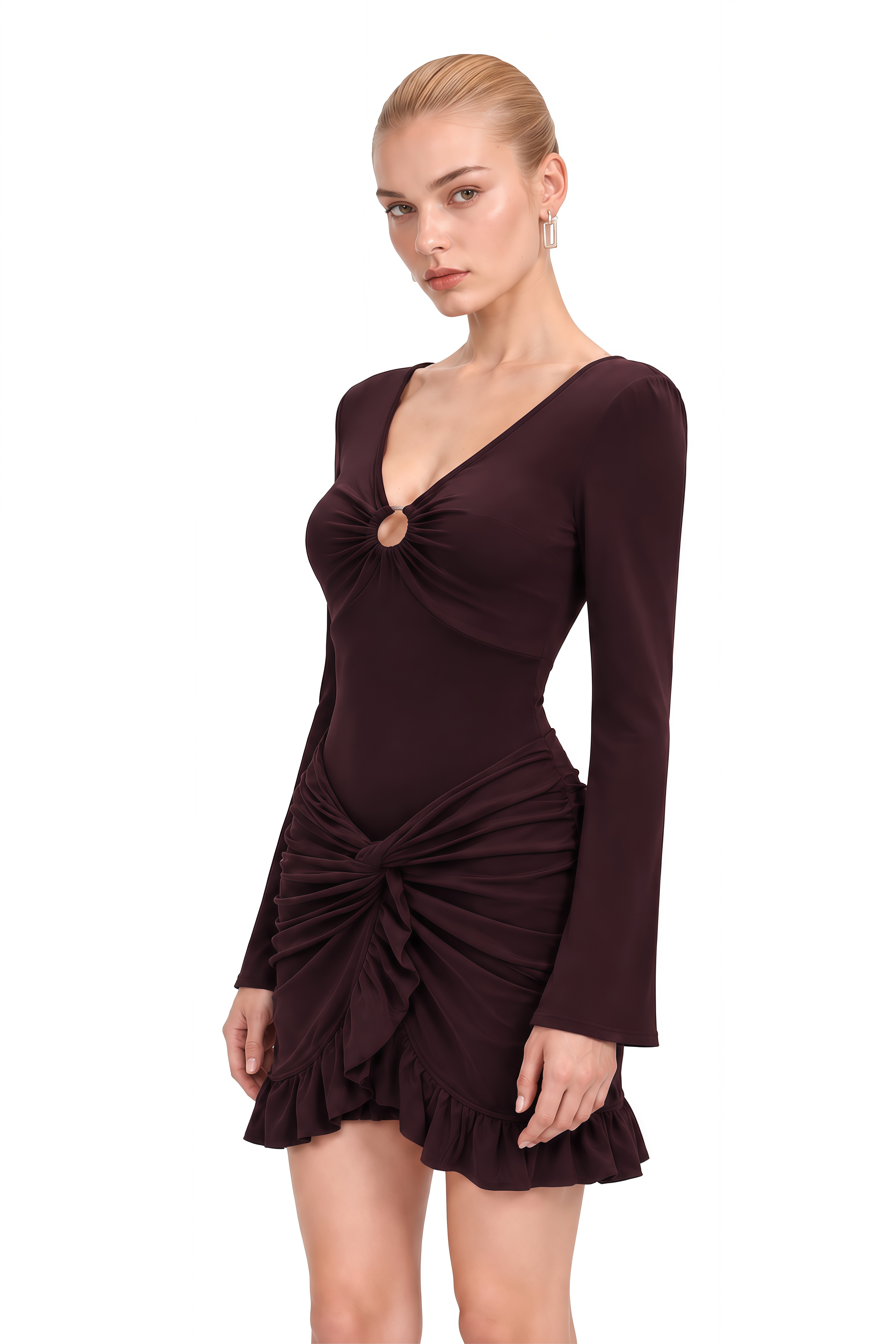 Stella Brown Long Sleeves Cut-Out Mini Dress