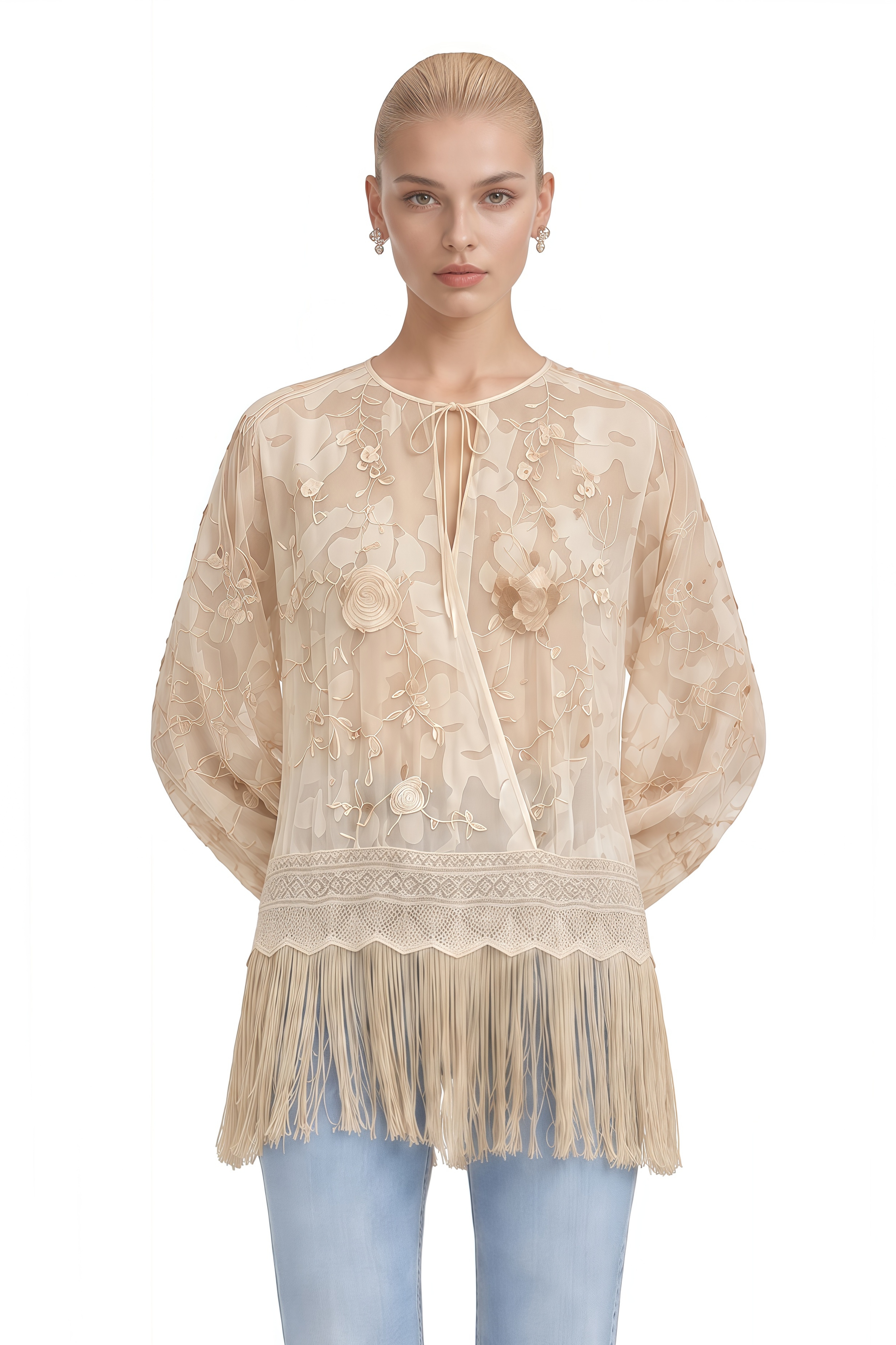 Amelie Beige Floral Fringe-Trim Blouse