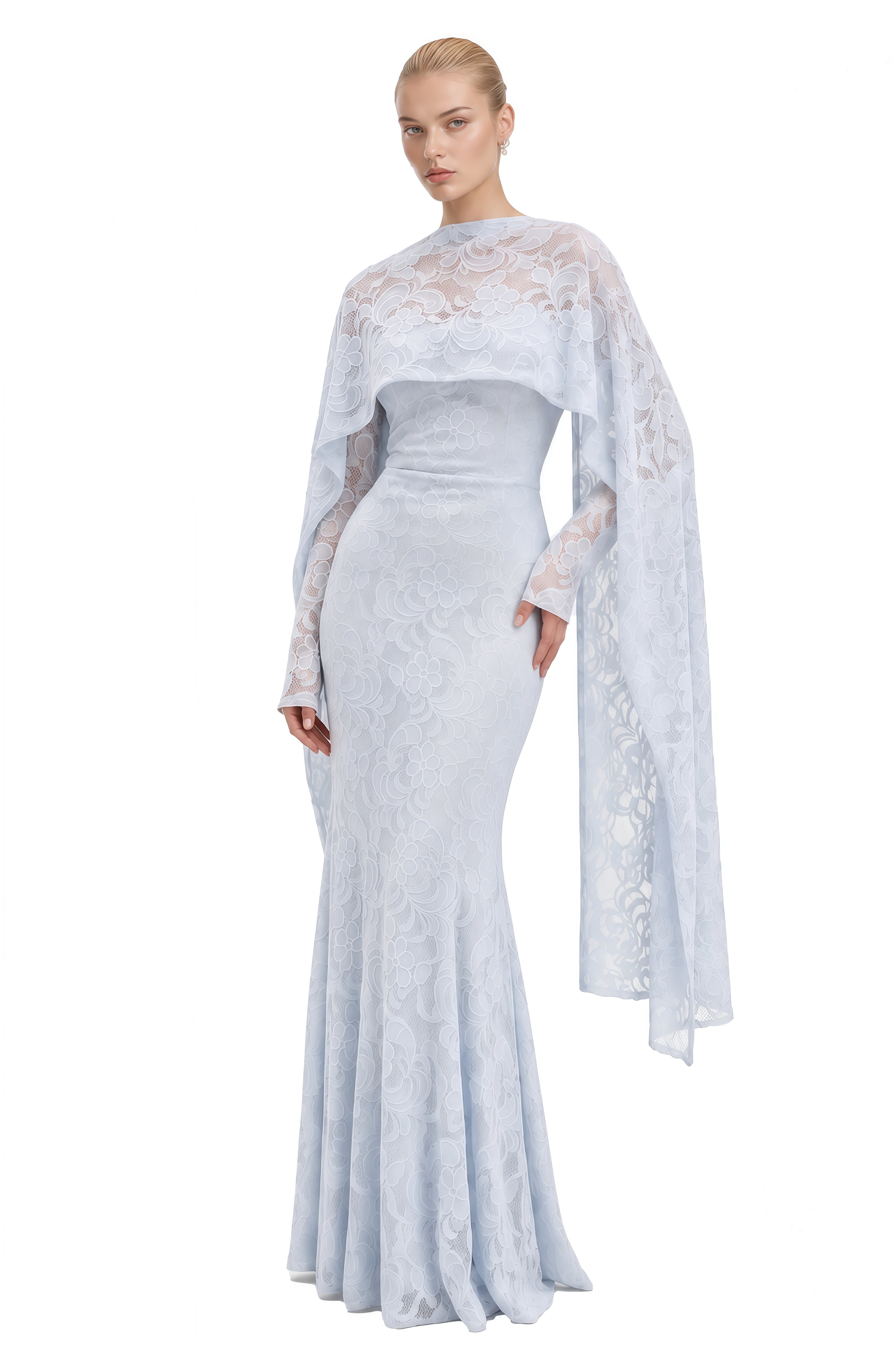 Charlotte Light Blue Cape Design Floral Maxi Dress