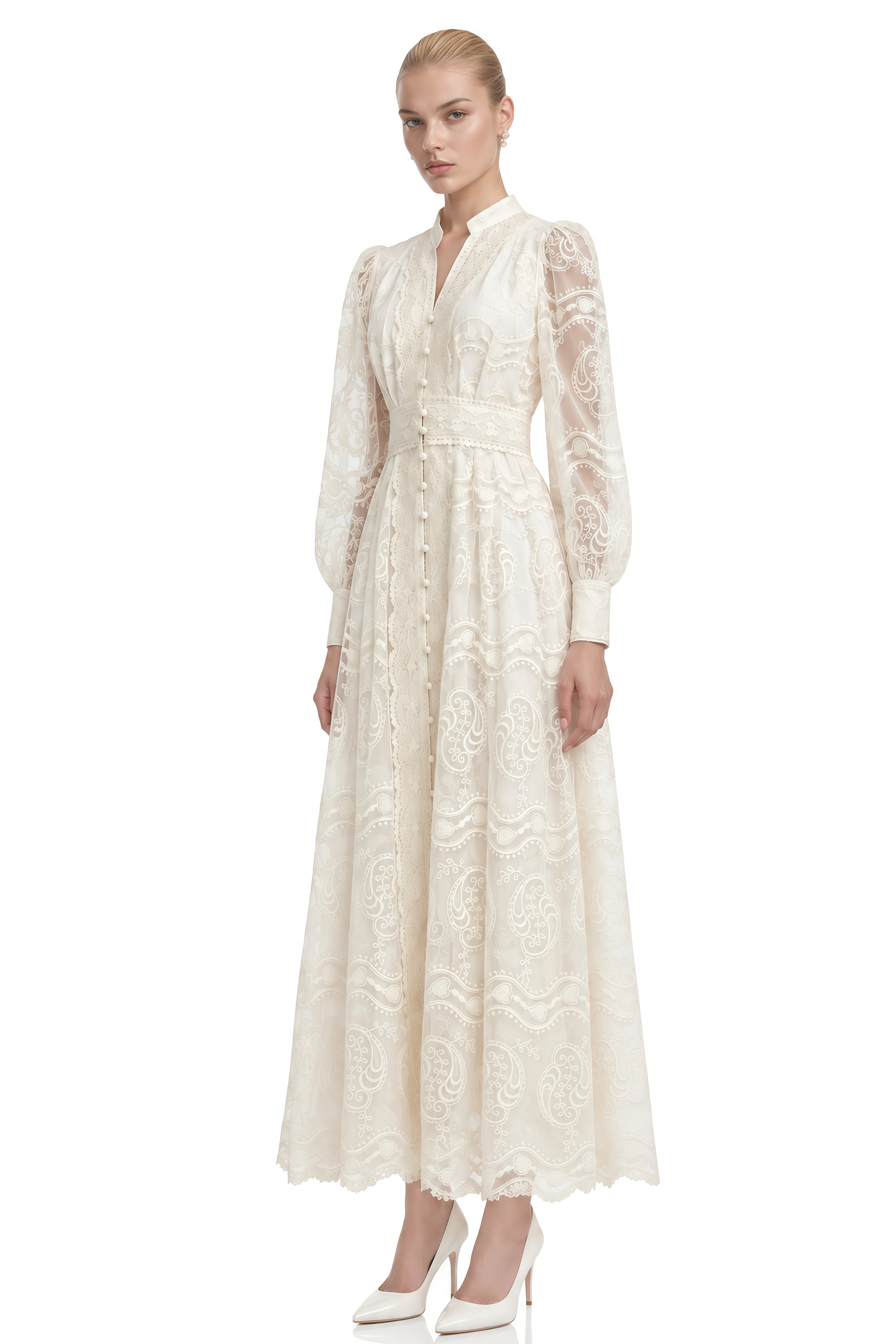 Linnea Ivory V-Neck Floral Lace Maxi Dress