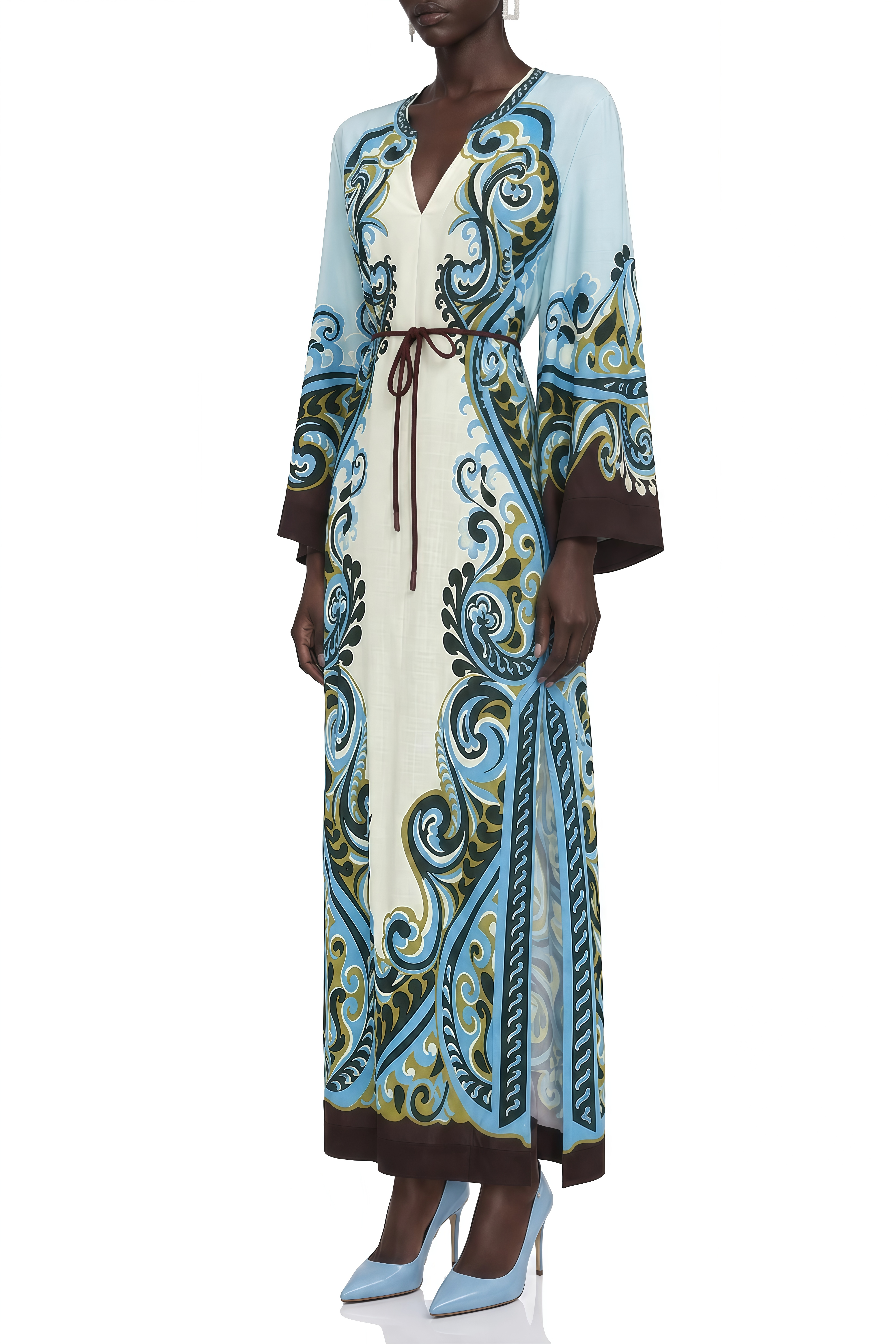 Serenity Blue Long Sleeves Printed Maxi Dress
