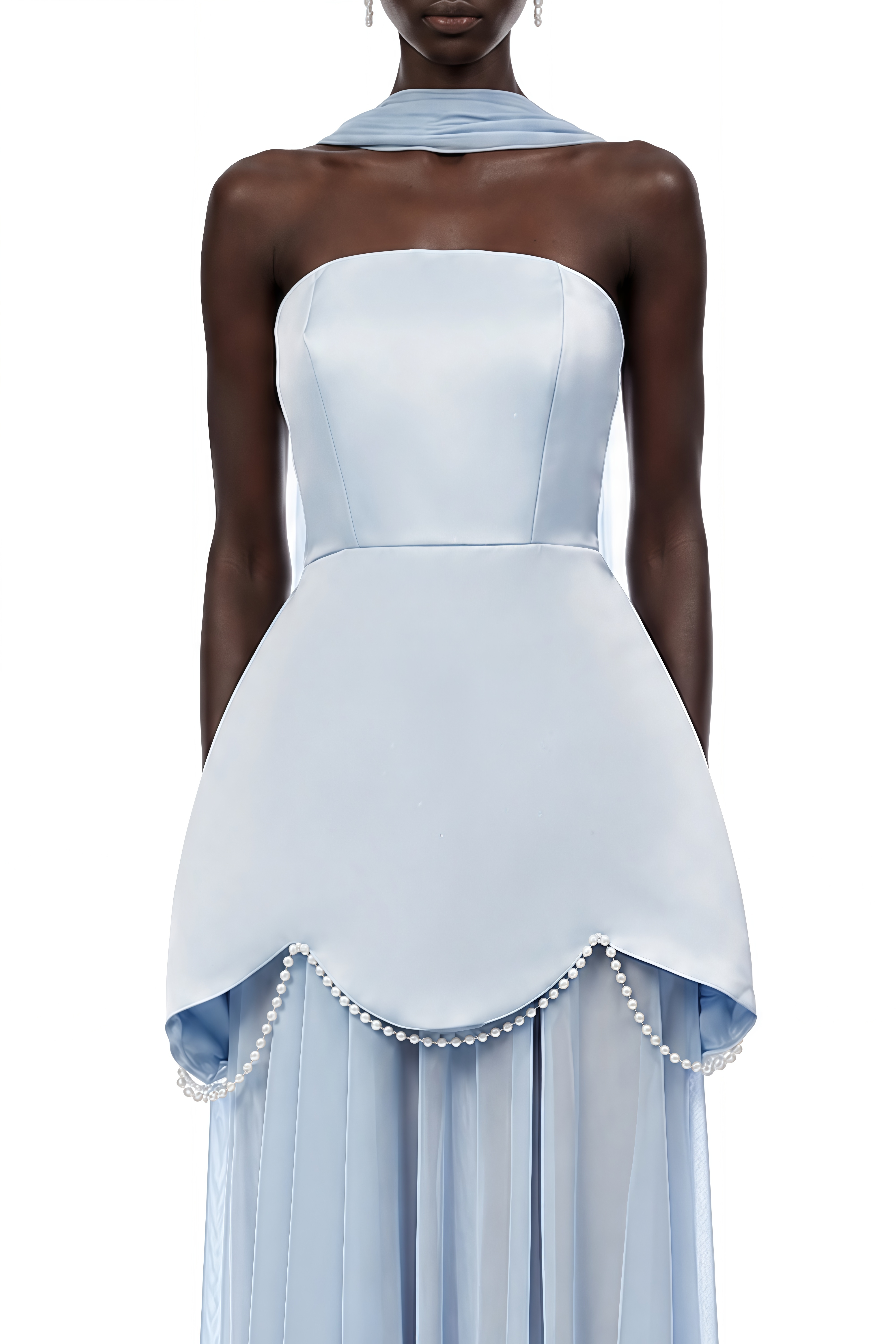 Adeline Light Blue Strapless Pleated Maxi Dress