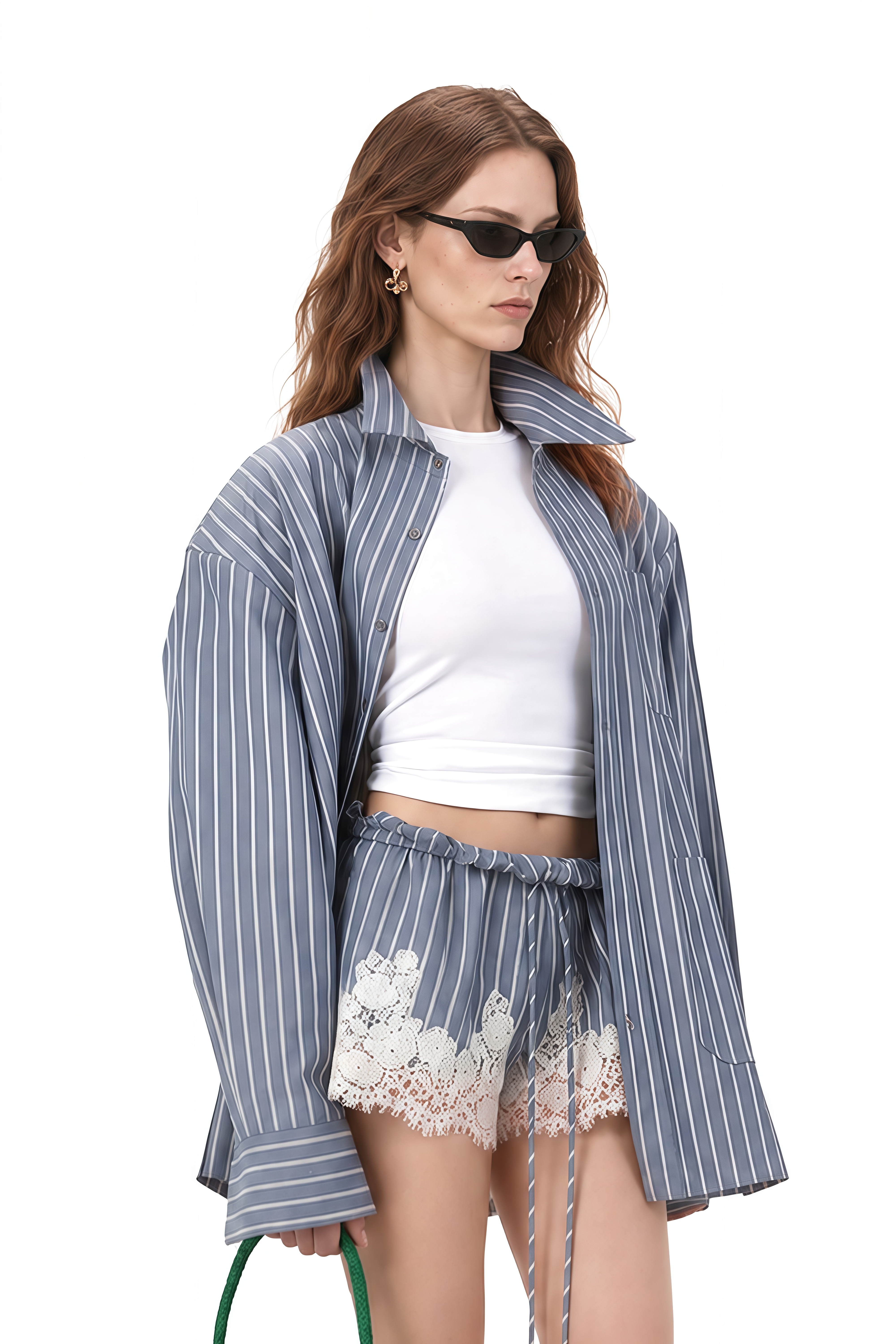 Clarisse Blue Striped Lace-Trim Blouse & Shorts Set