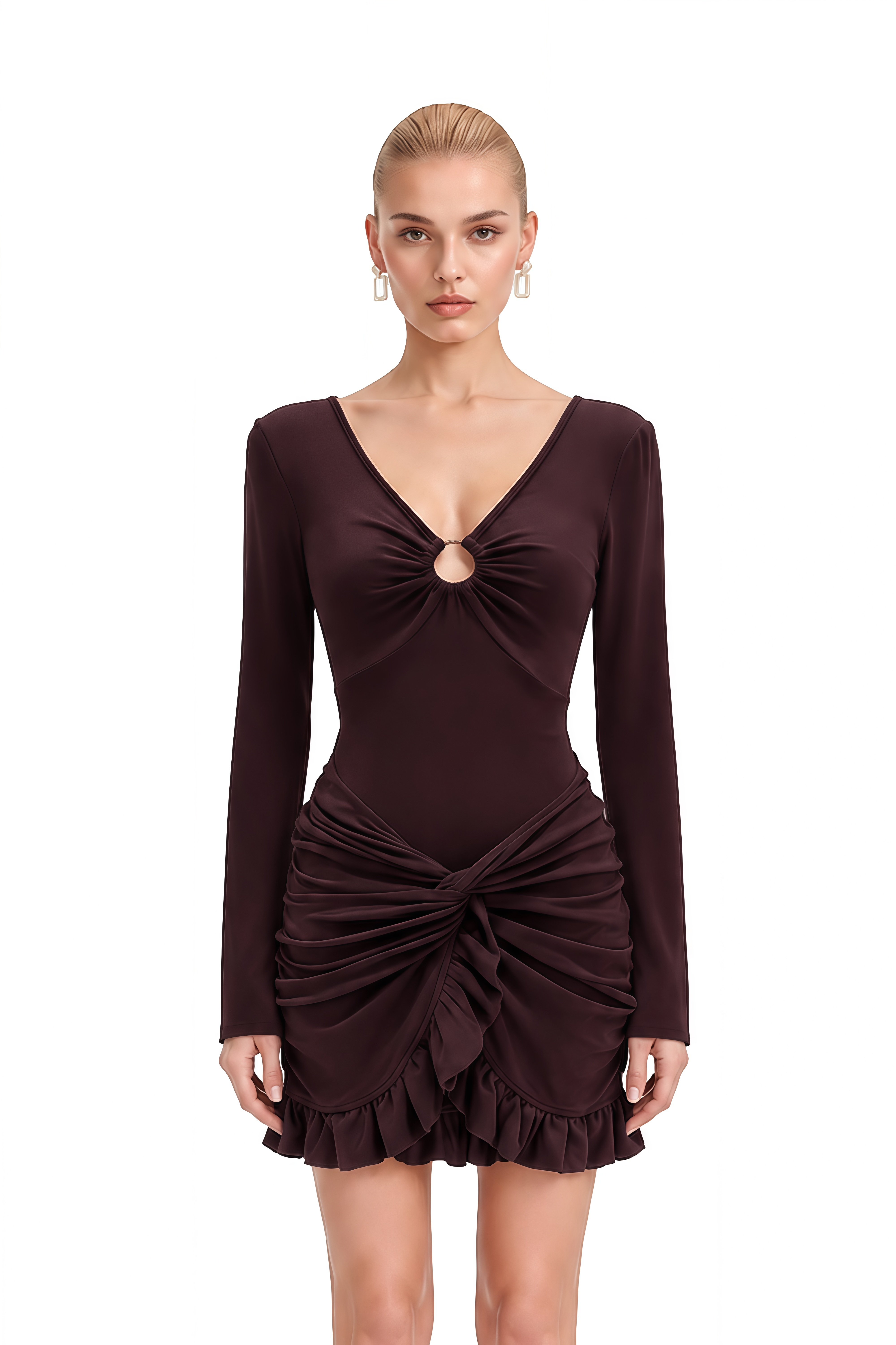 Stella Brown Long Sleeves Cut-Out Mini Dress