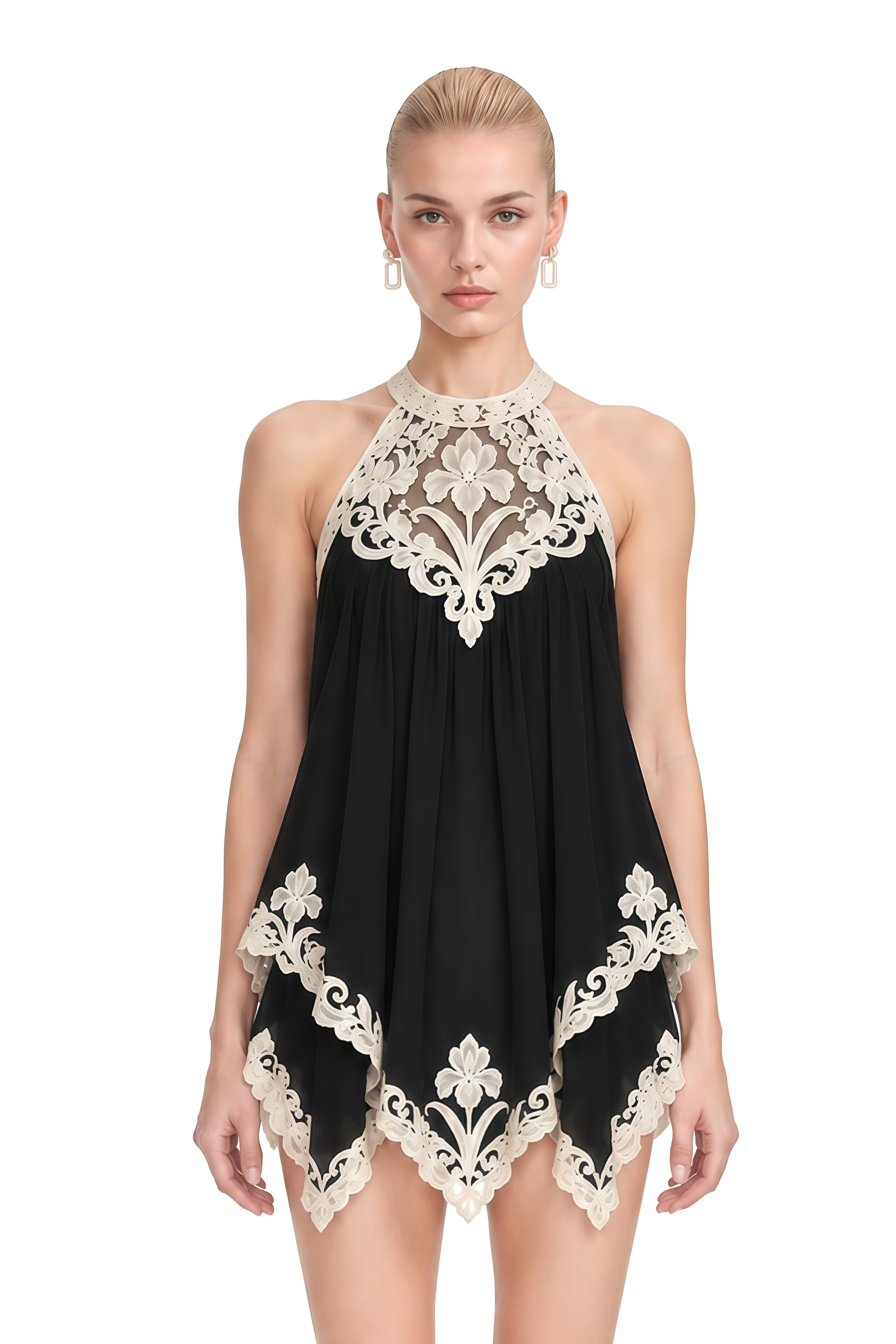 Liora Black Halterneck Contrast Lace Mini Dress