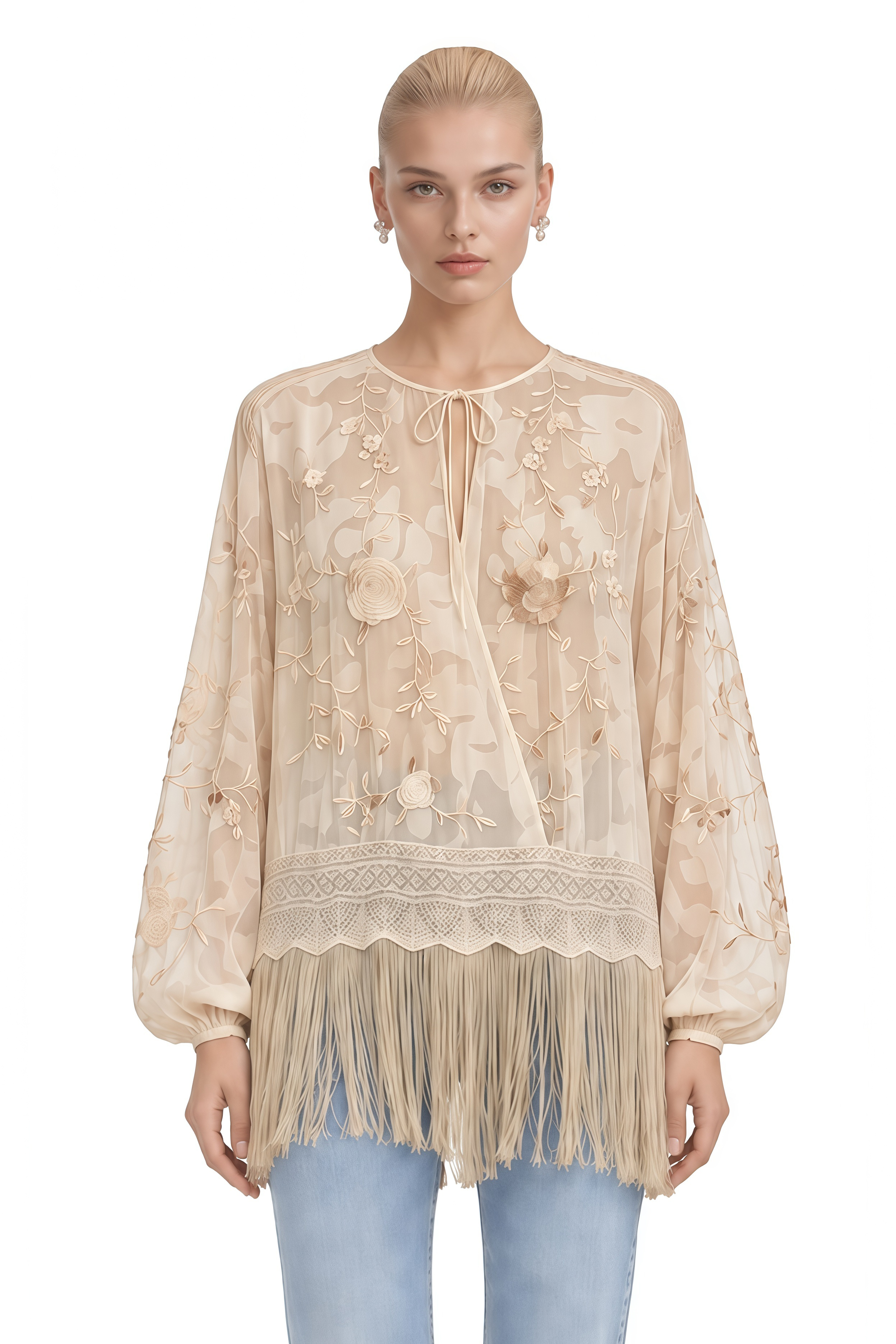 Amelie Beige Floral Fringe-Trim Blouse