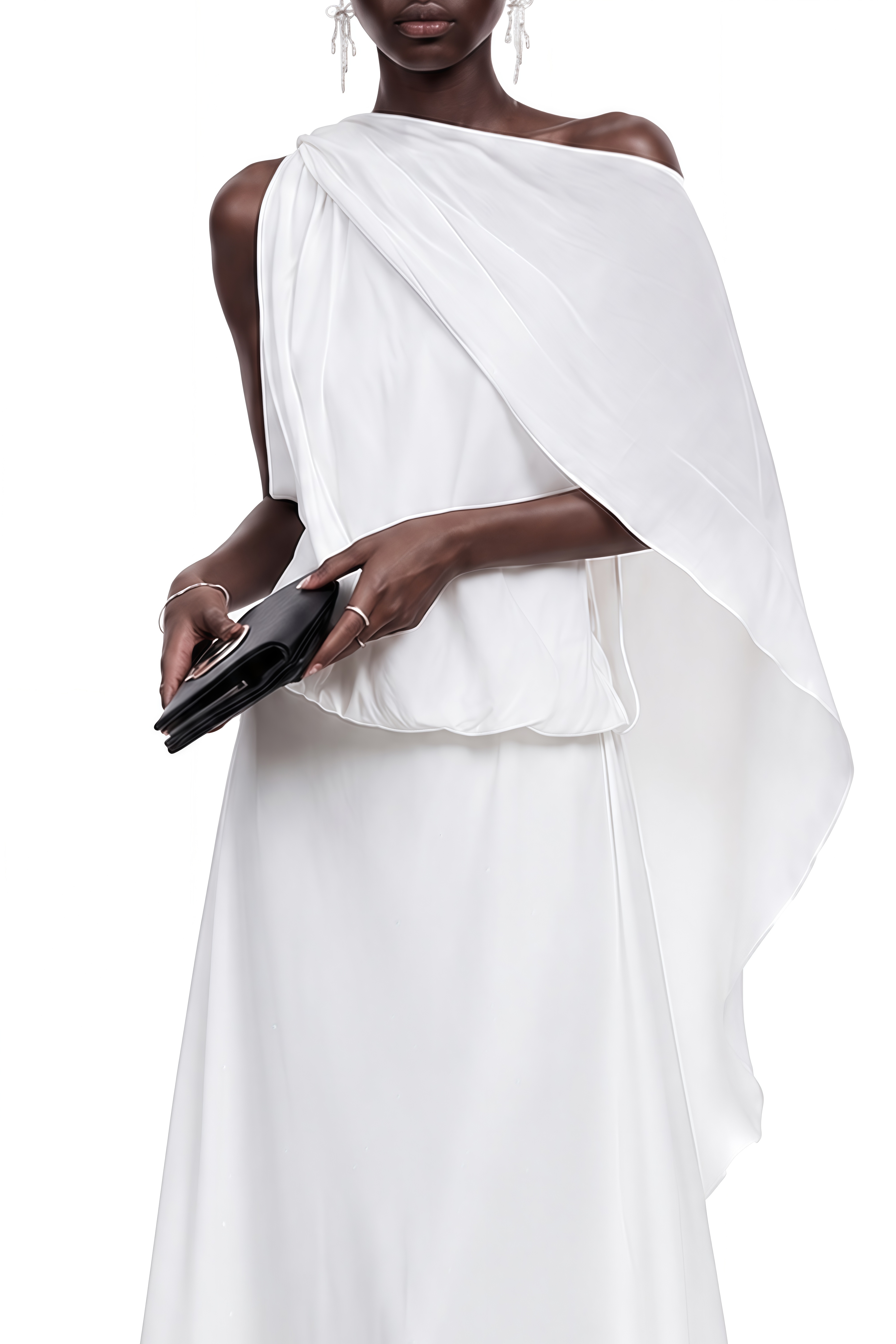 Lydia White Cape Design Draped Maxi Dress