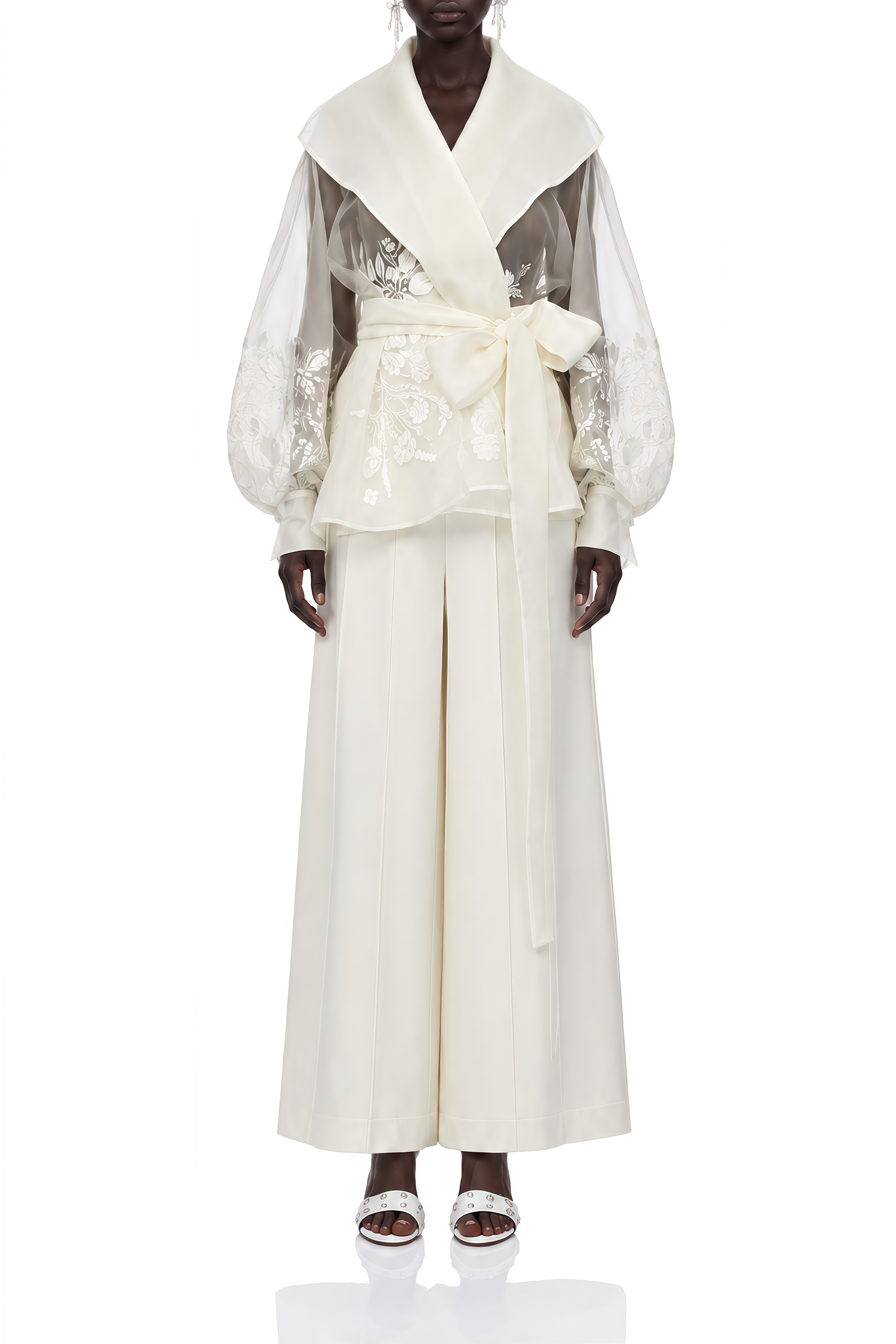 Elizabeth White Sheer Floral Embroidered Blouse