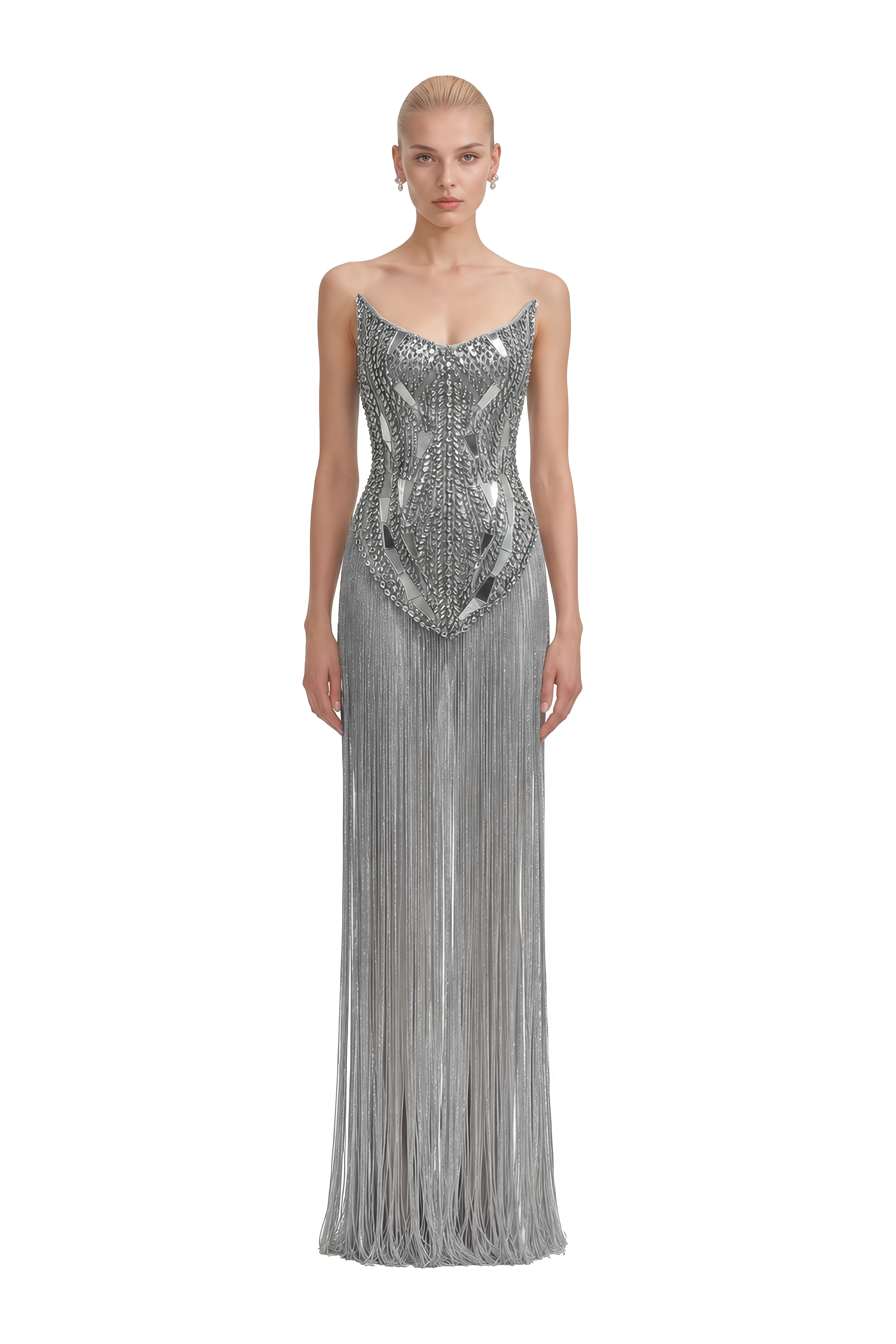 Isadora Grey Strapless Fringe Maxi Dress