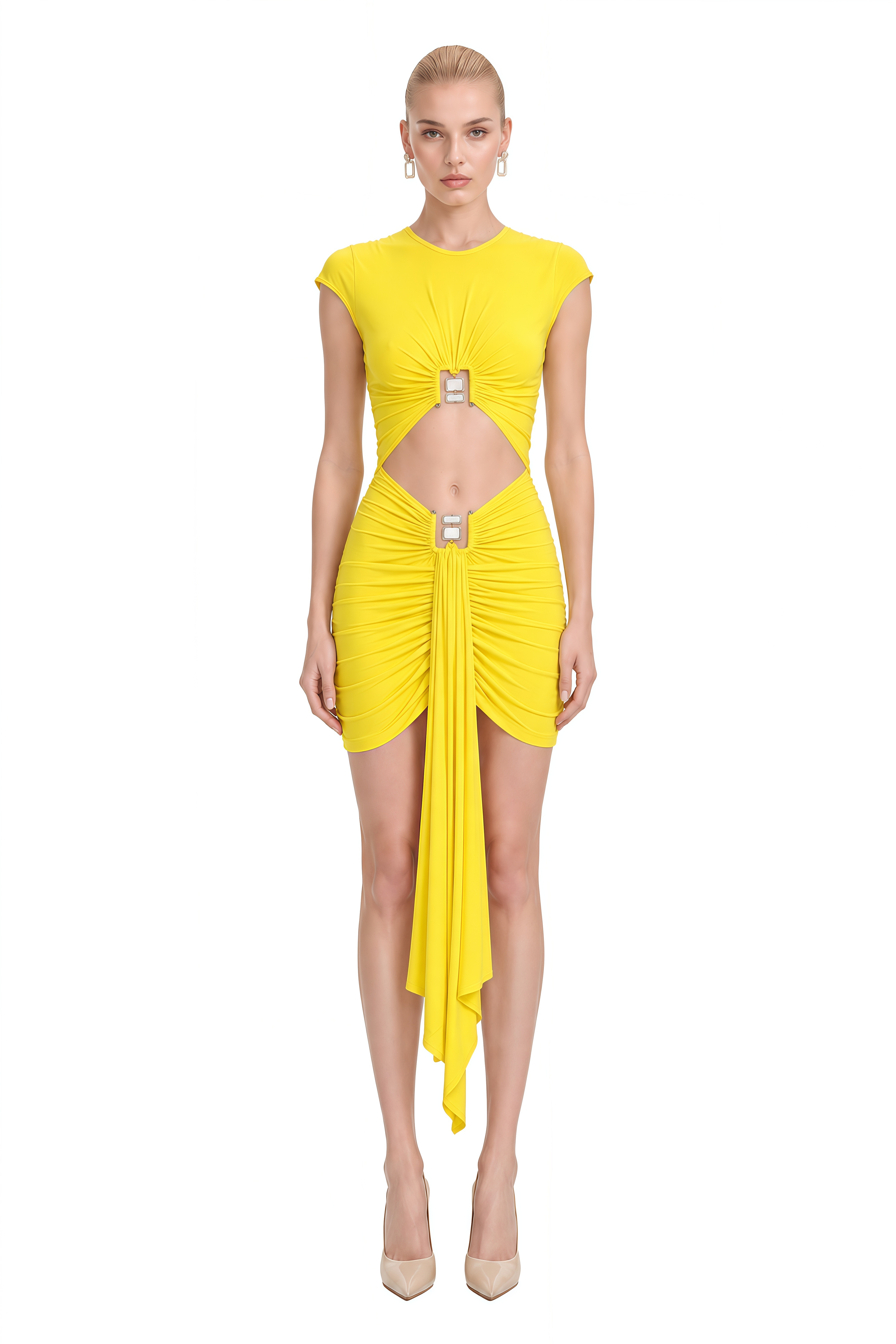 Sylvia Yellow Round Neck Ruched Mini Dress