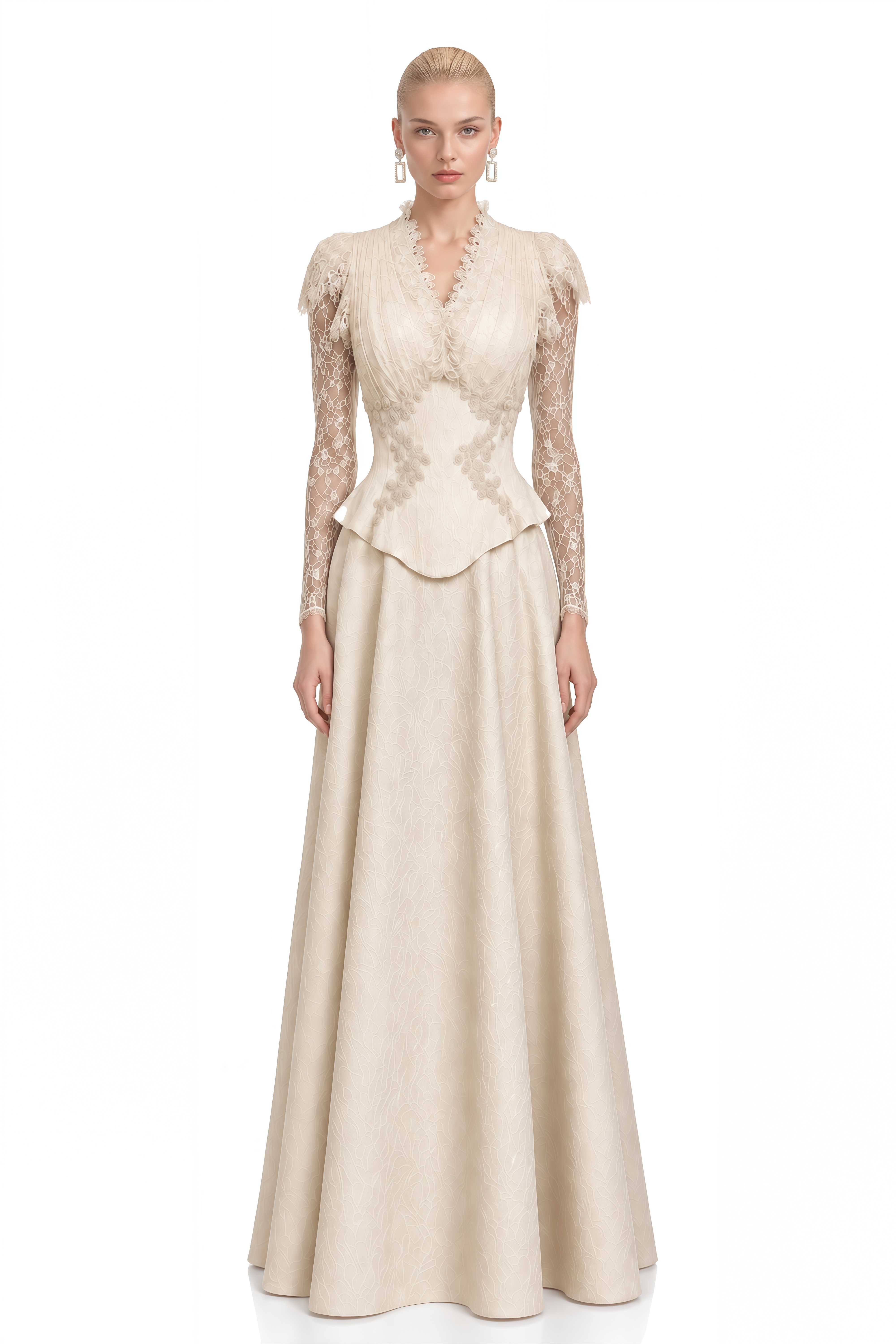 Vienne Neutral Lace Sleeves Ruffled Top & Skirt Set