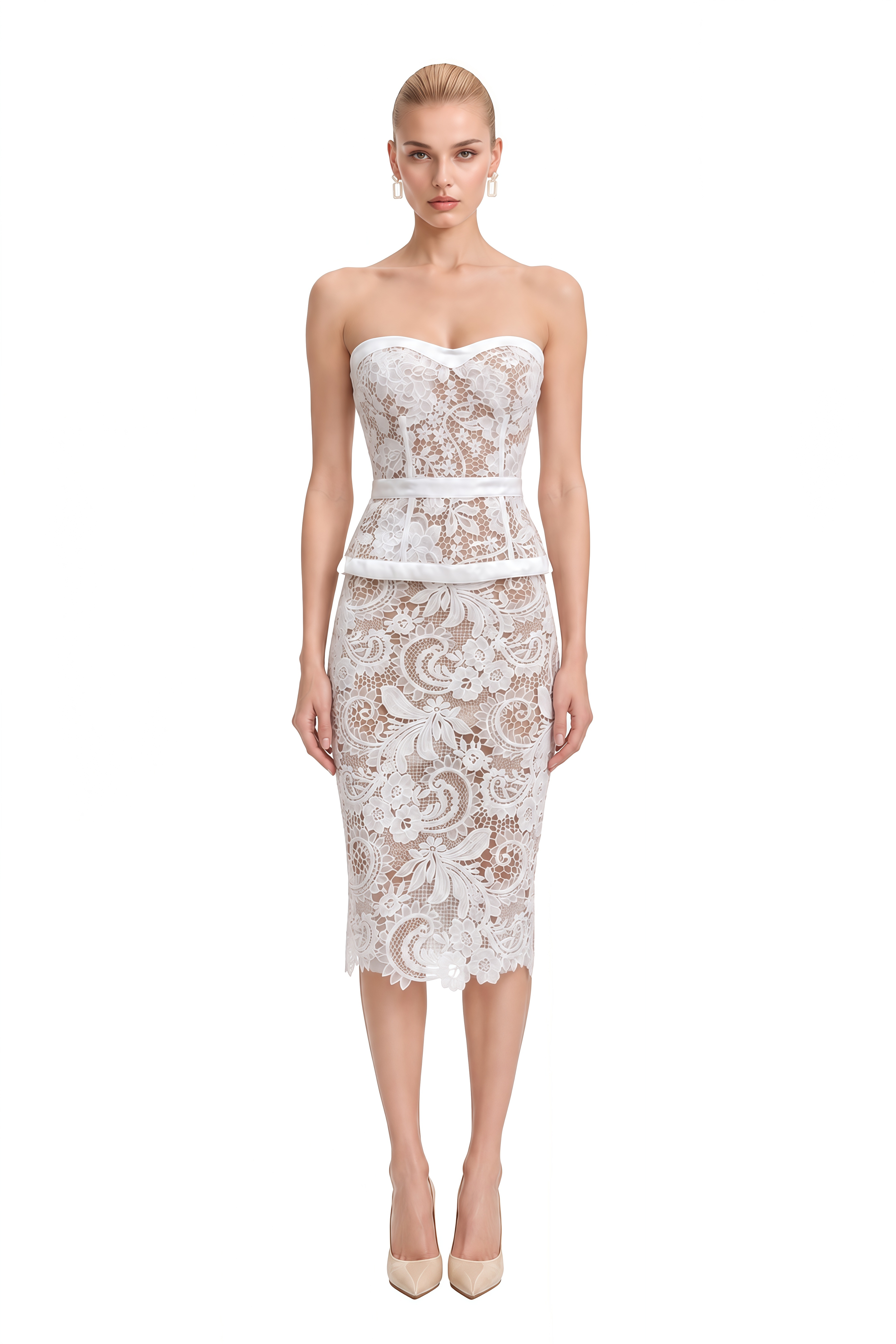 Aurora White Sweetheart Neck Lace Top & Skirt Set