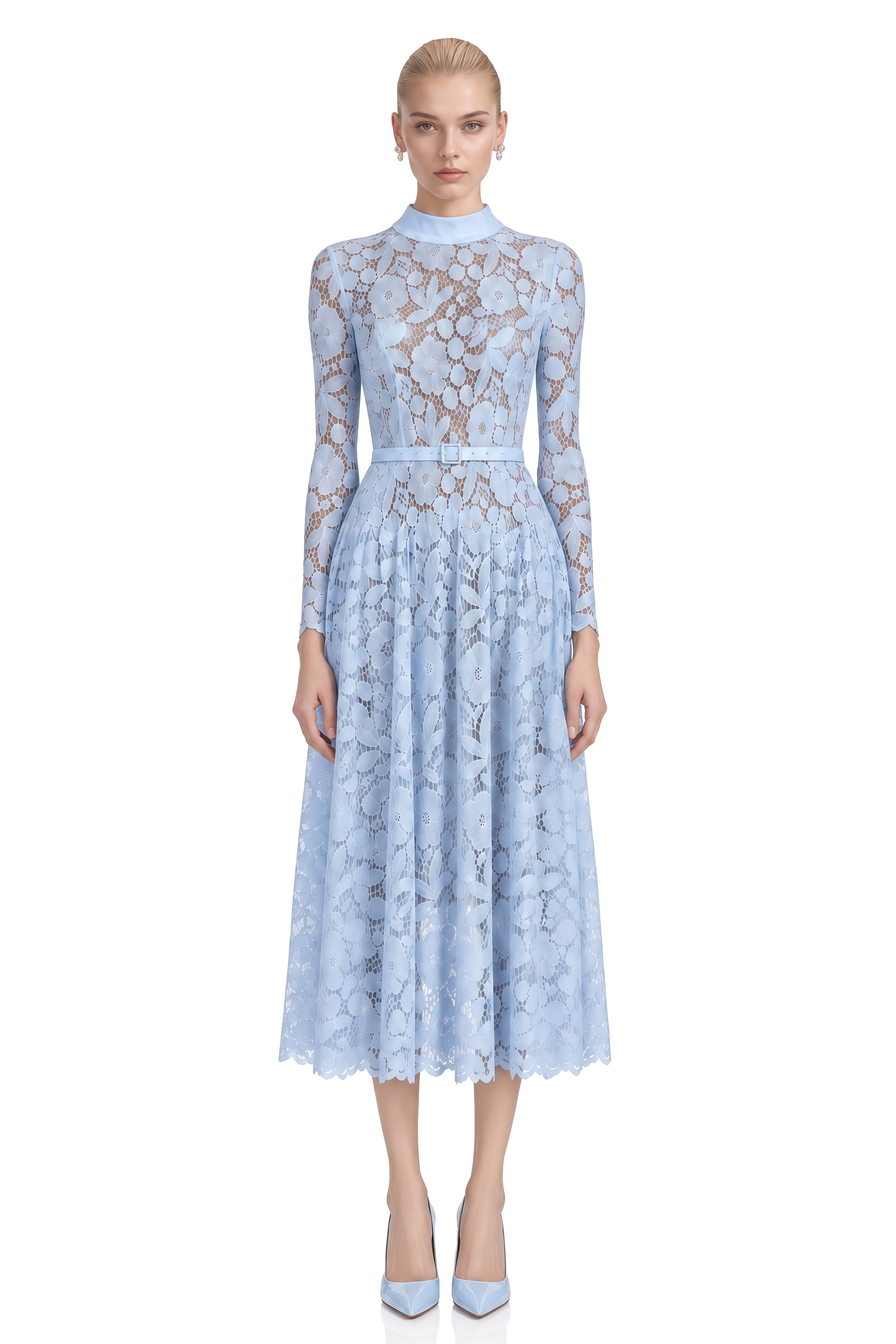 Thalia Blue Turtleneck Floral Lace Midi Dress