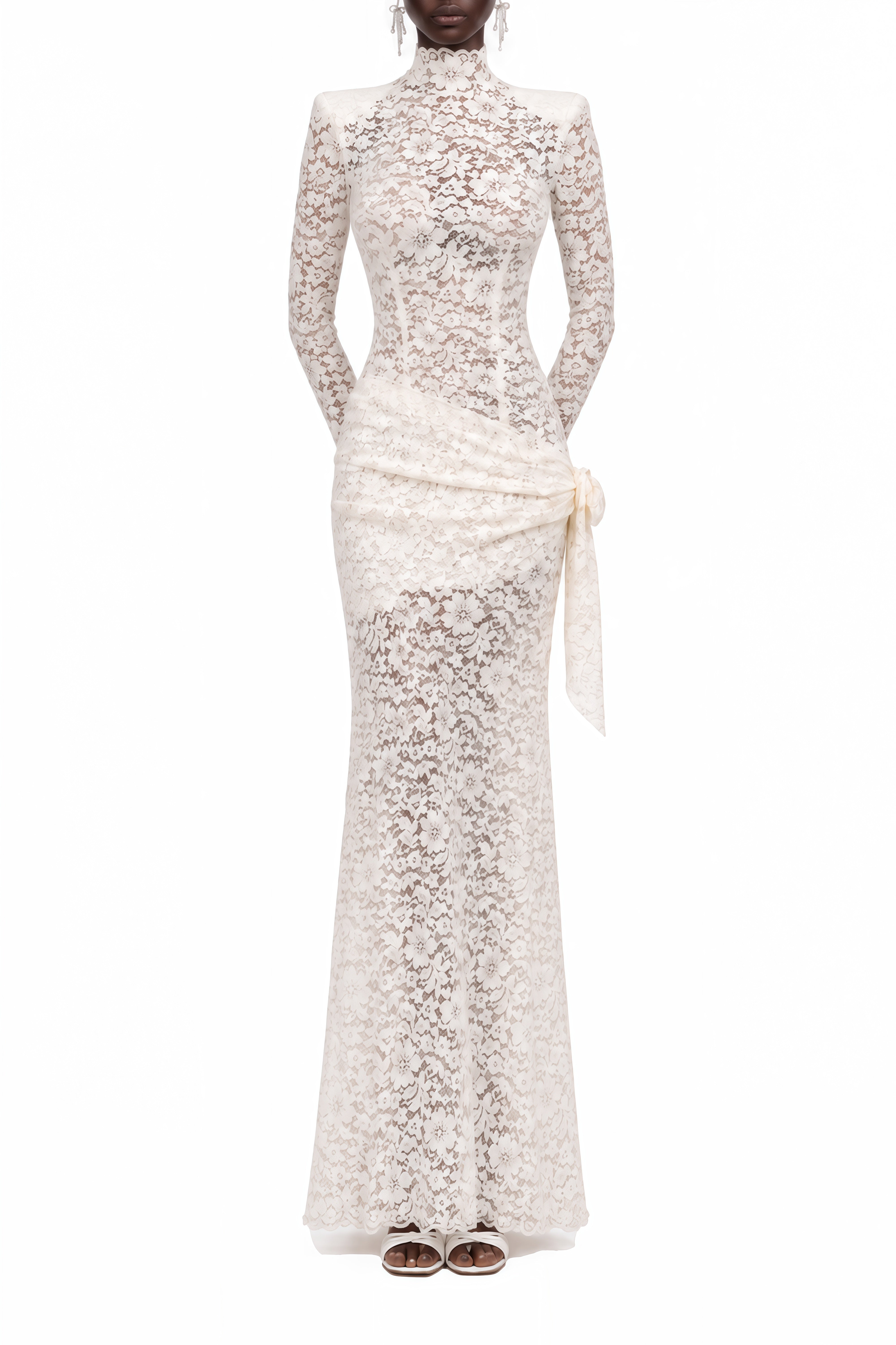 Liora White Turtleneck Lace Maxi Dress