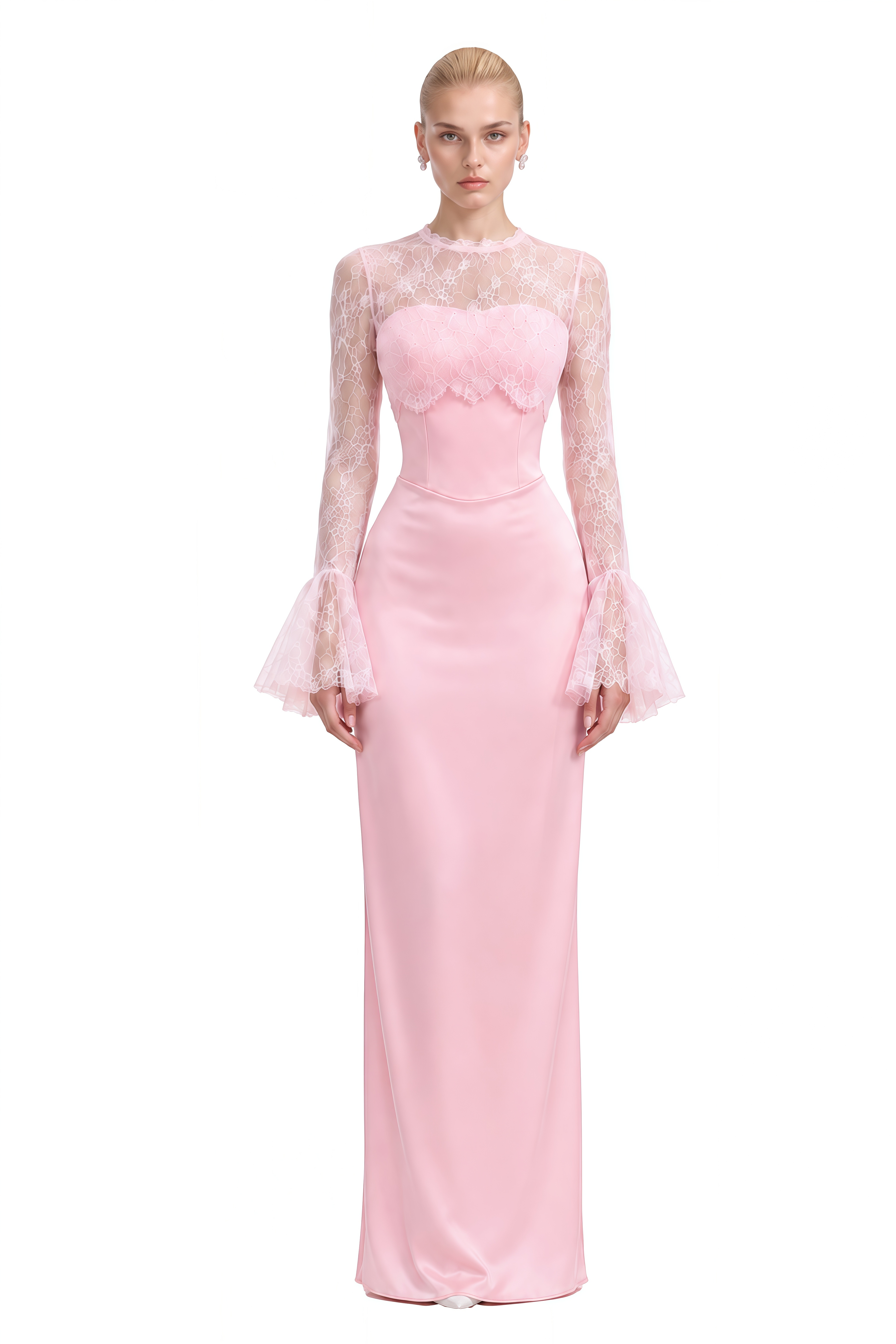 Bronte Pink Long Sleeves Lace Maxi Dress