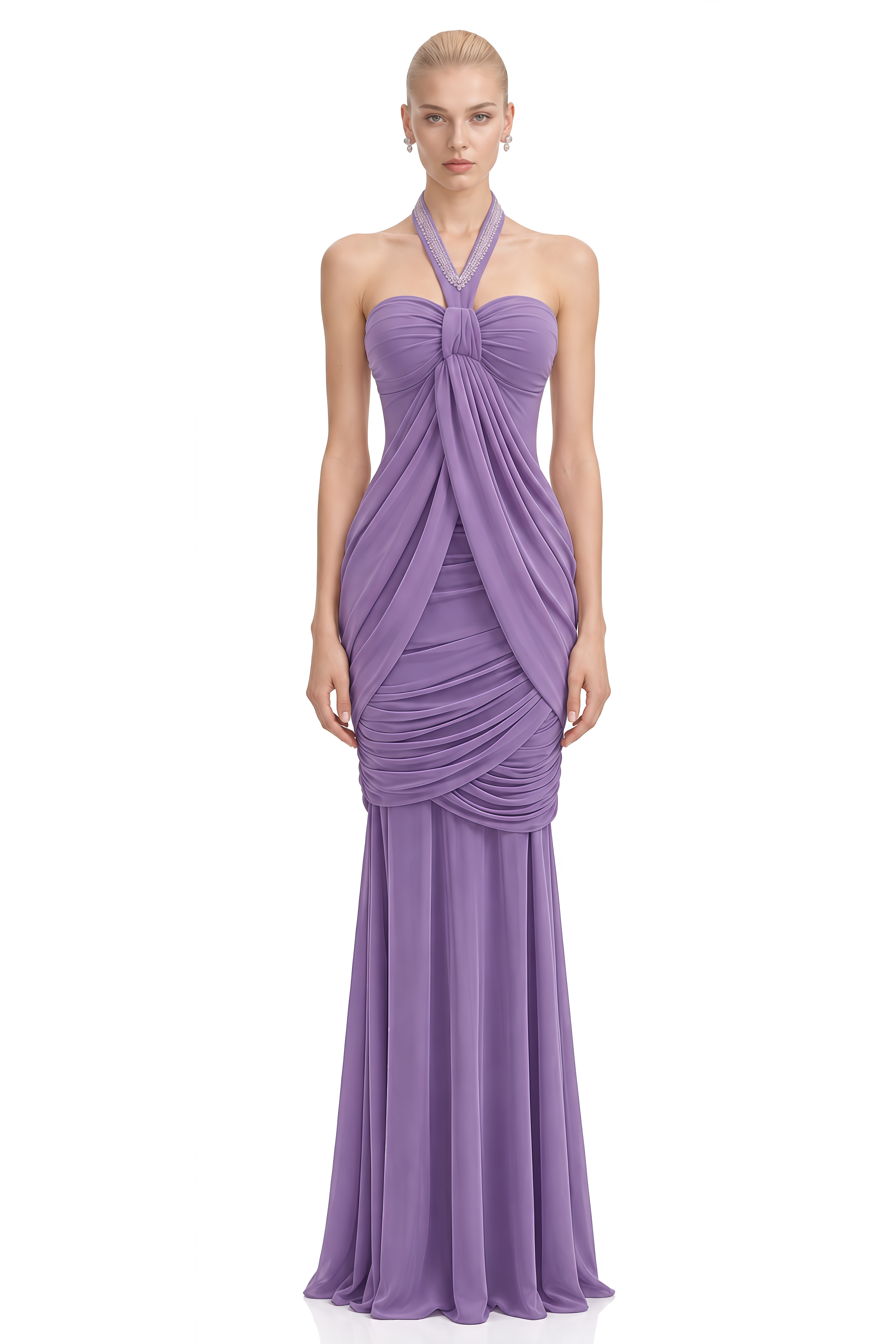 Estelle Purple Halterneck Ruched Maxi Dress