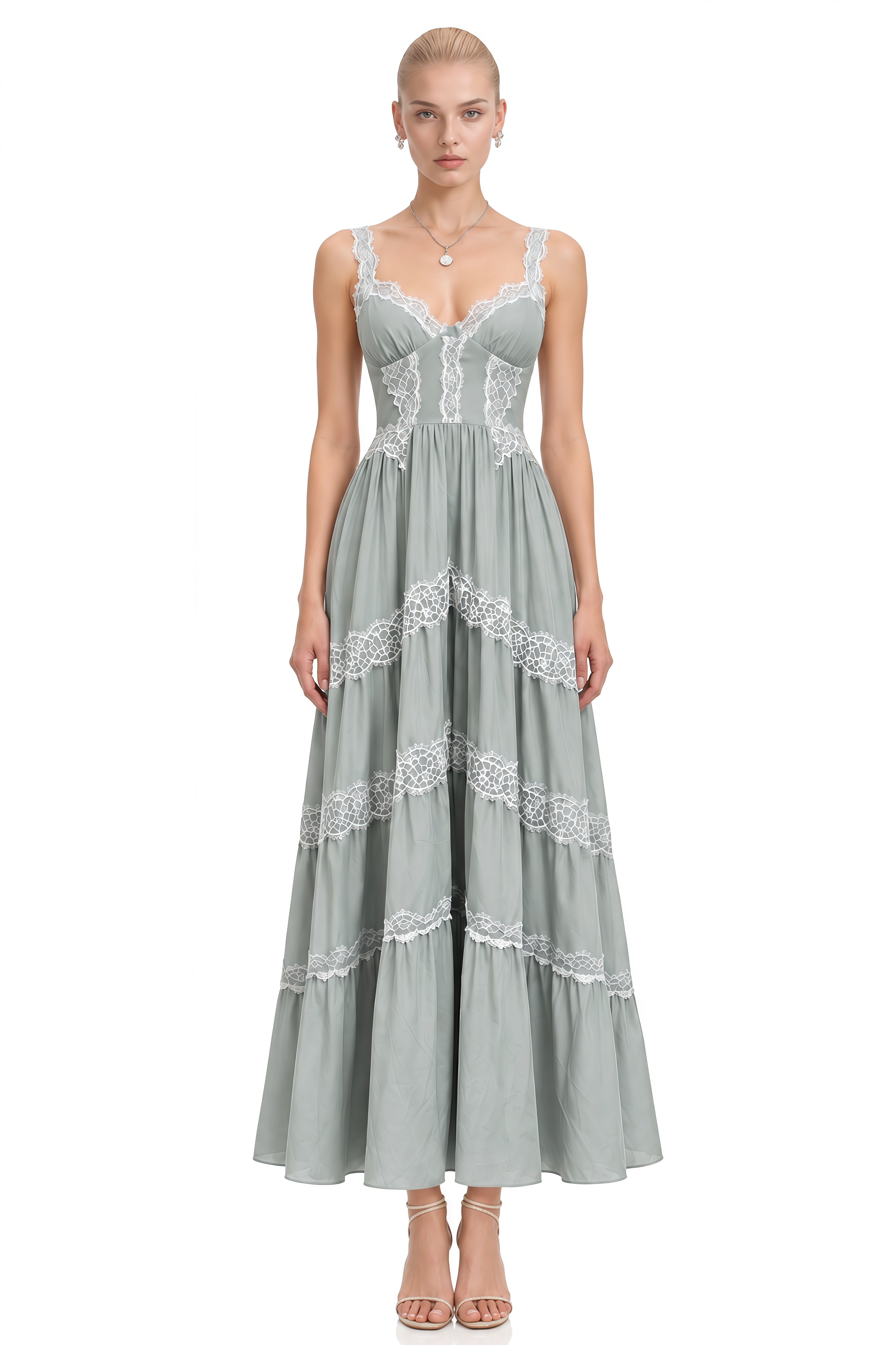 Gwendolyn Dusty Blue Sleeveless Lace Midi Dress
