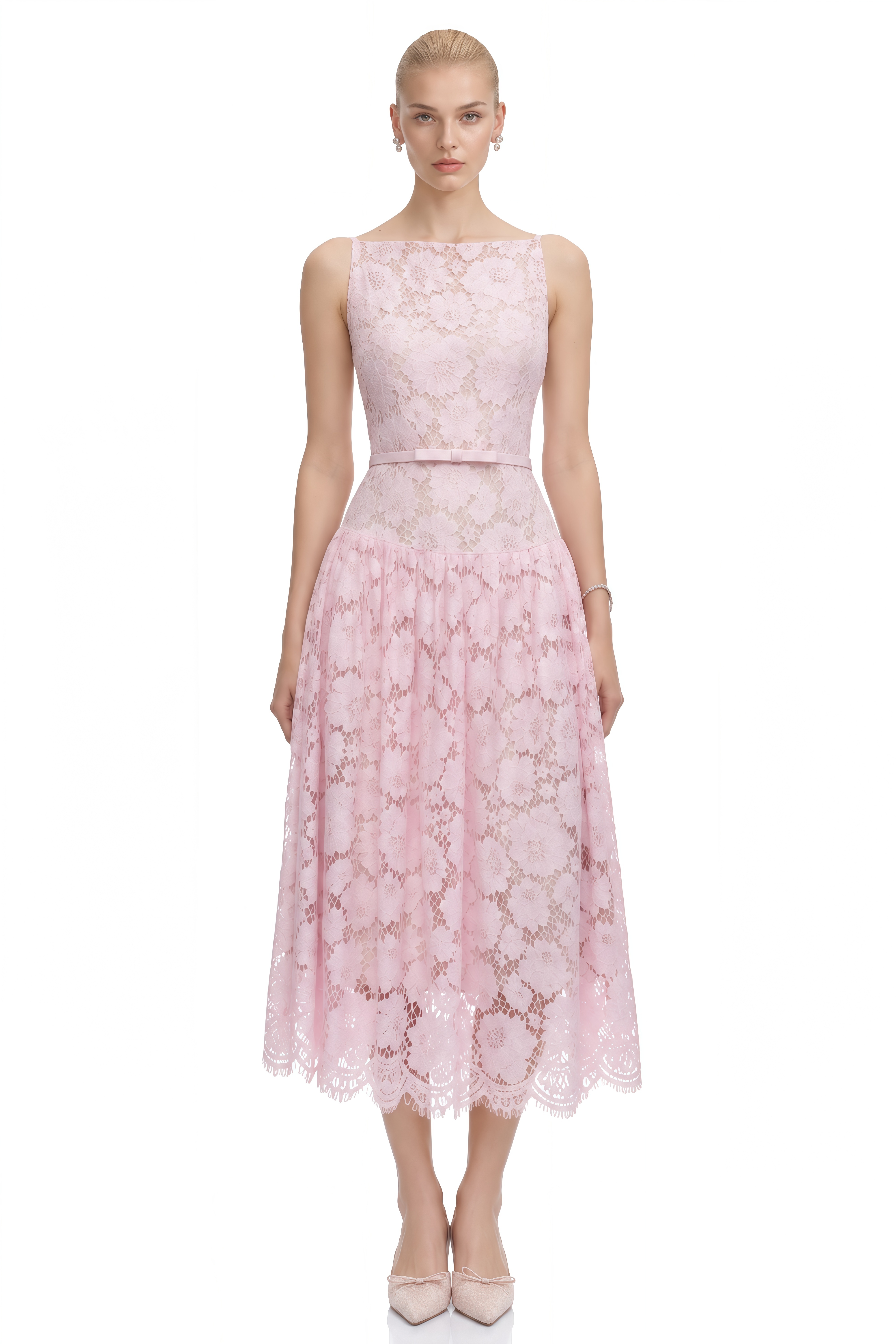 Celine Pink Sleeveless Floral Lace Midi Dress