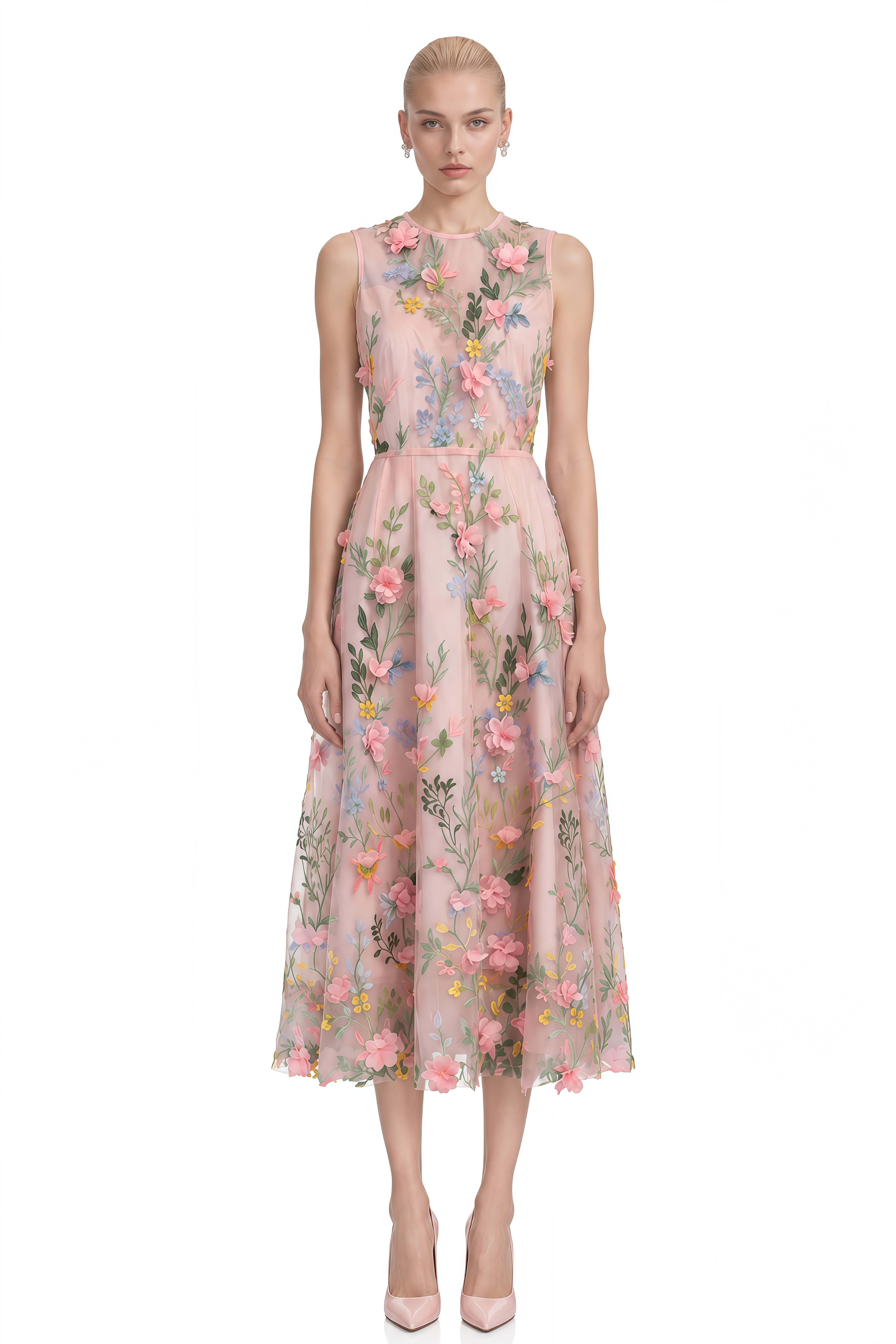 Miranda Pink Round Neck Floral Print Midi Dress