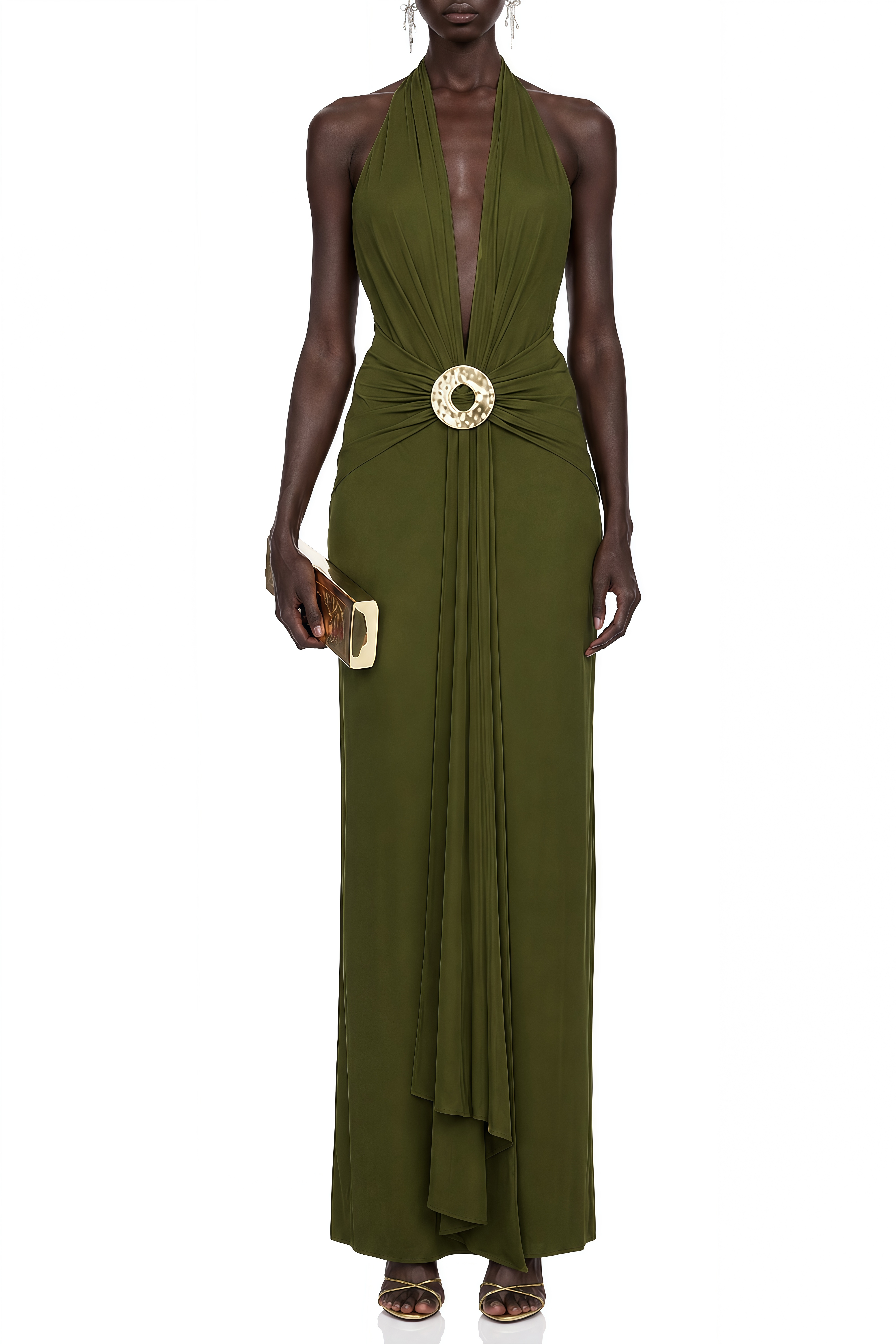 Cecile Green Halterneck V-Neck Maxi Dress