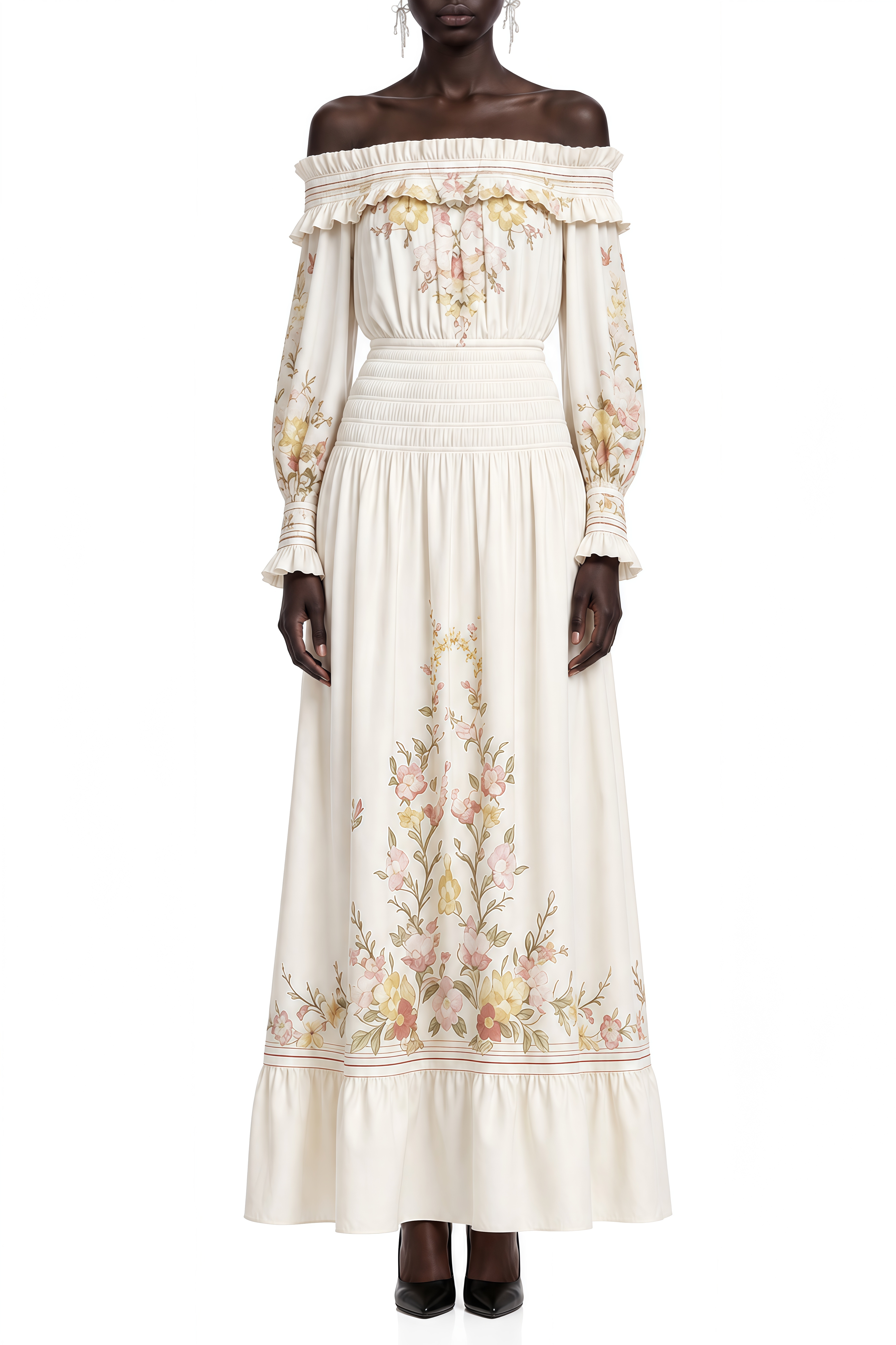 Felicity Ivory Off Shoulder Floral Maxi Dress