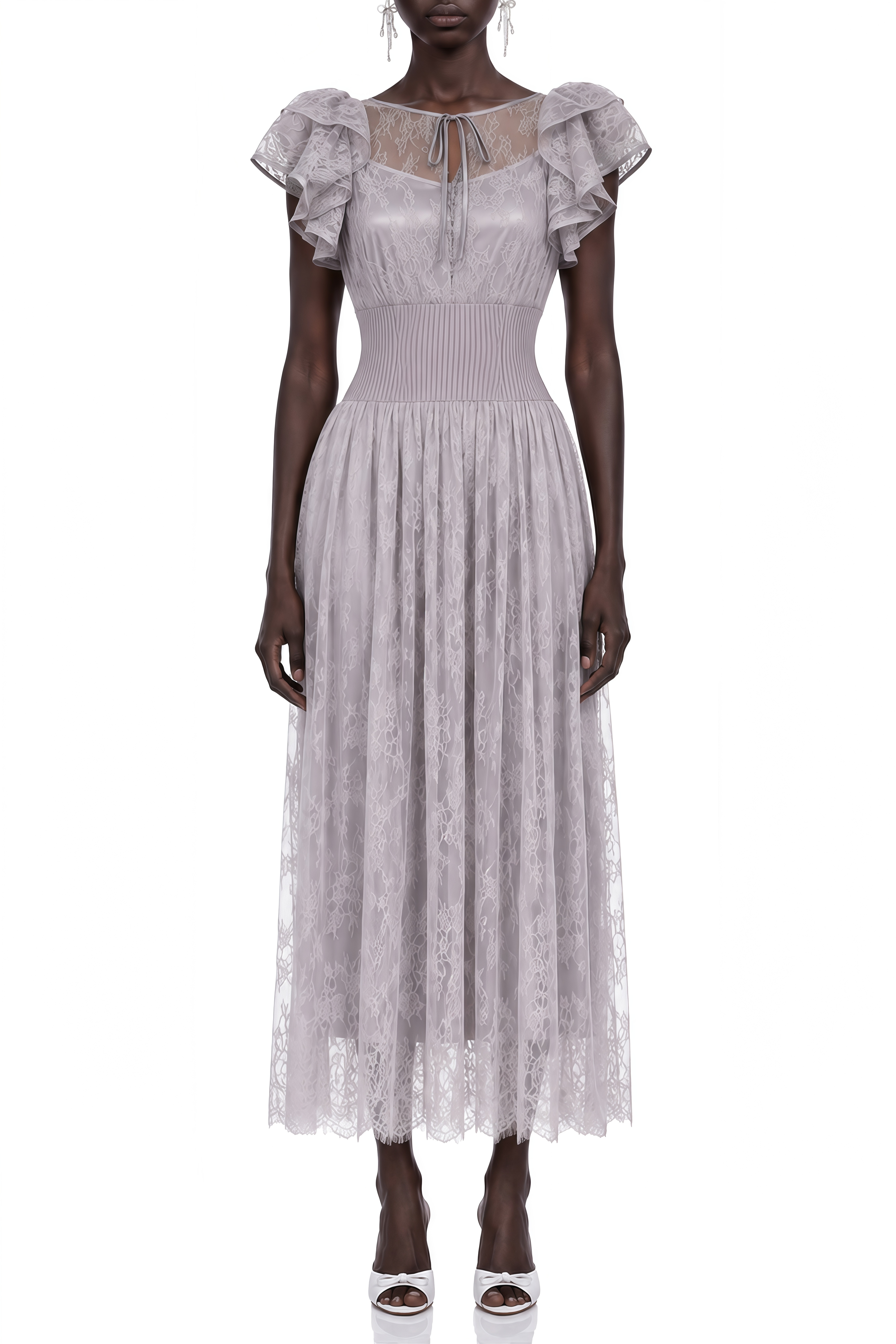 Sylvia Light Grey Puff Sleeve Lace Maxi Dress