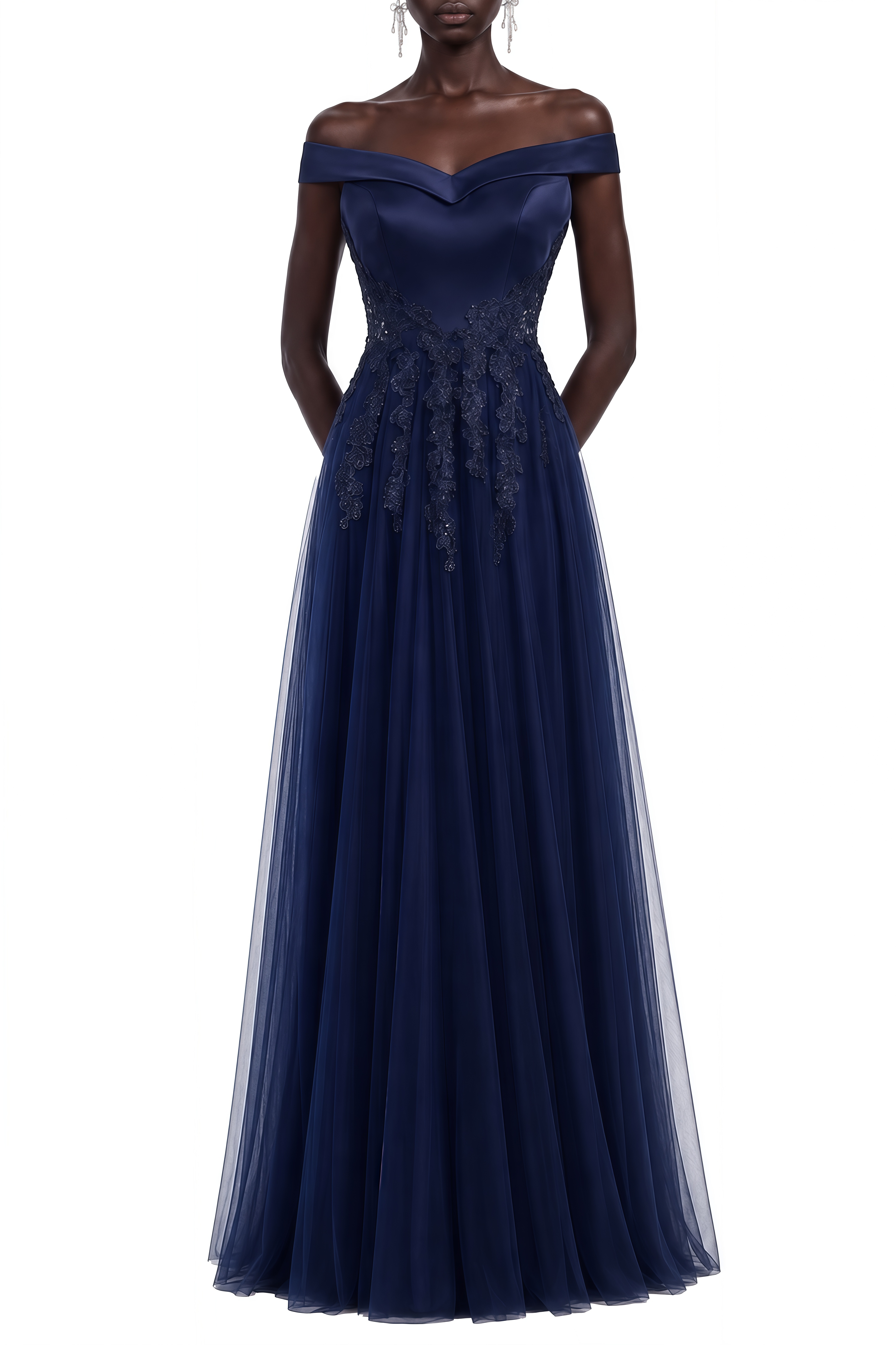 Coralie Navy Blue Off Shoulder Tulle Maxi Dress