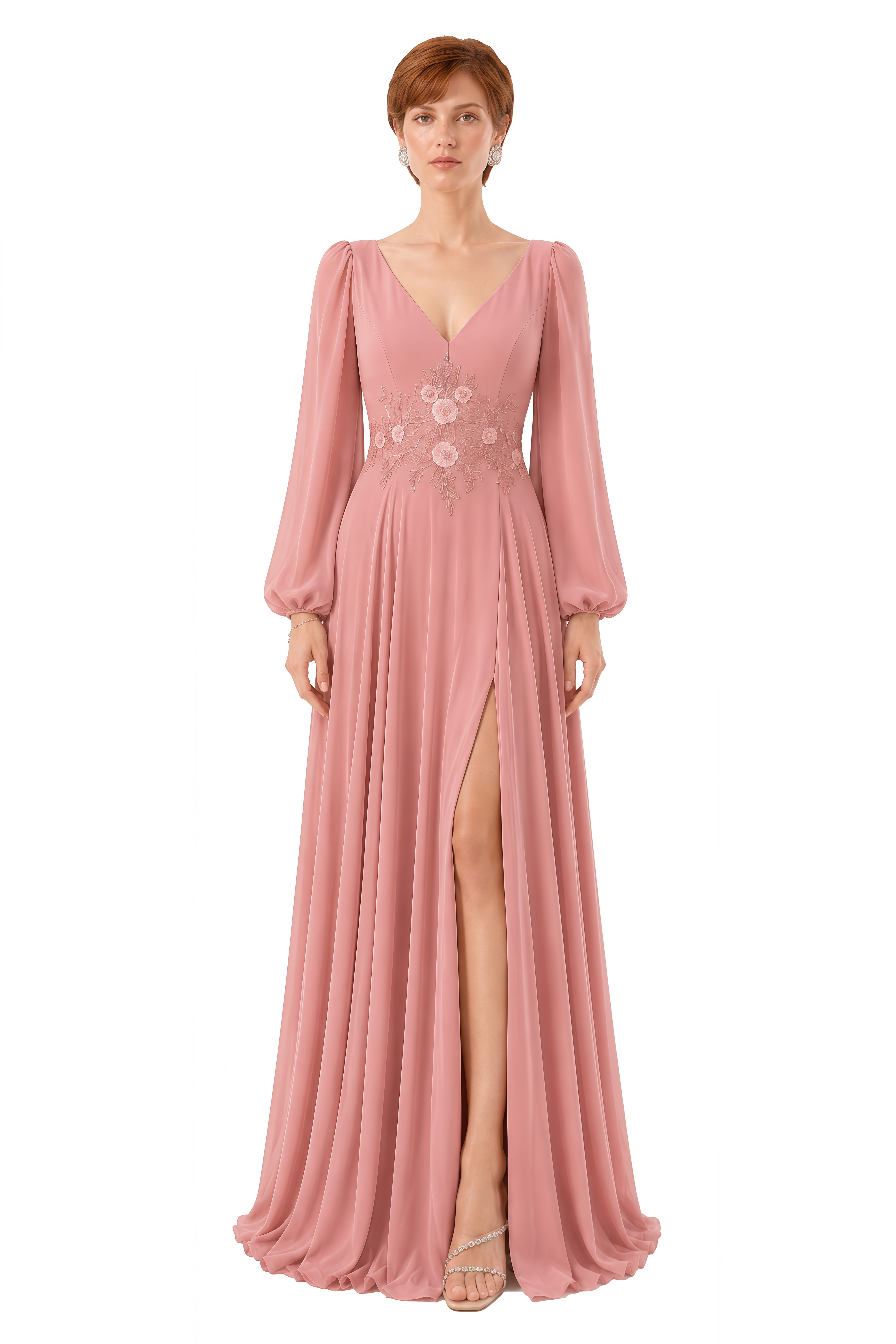 Clover Pink Floral Embroidery Slit Maxi Dress