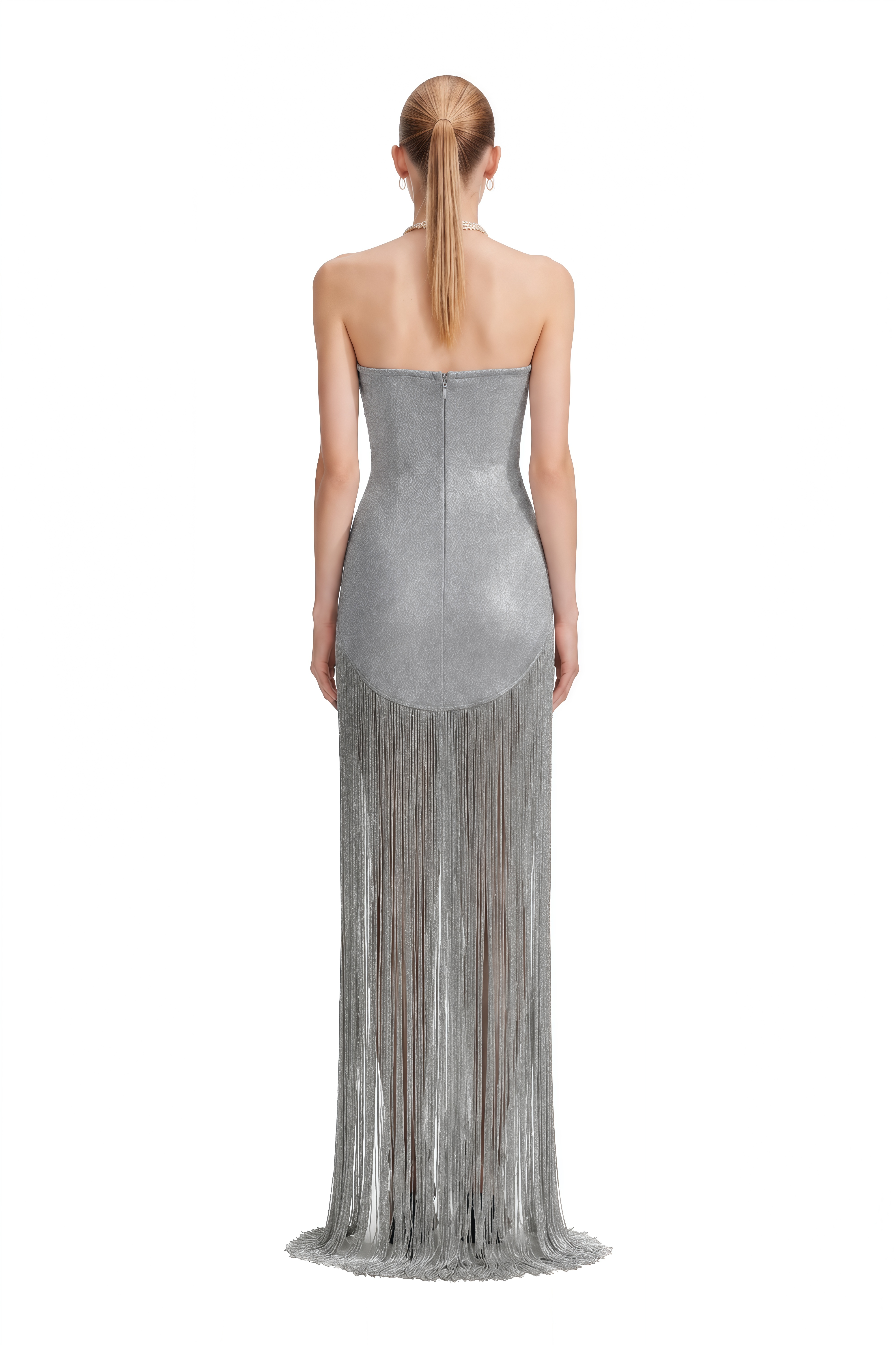 Isadora Grey Strapless Fringe Maxi Dress