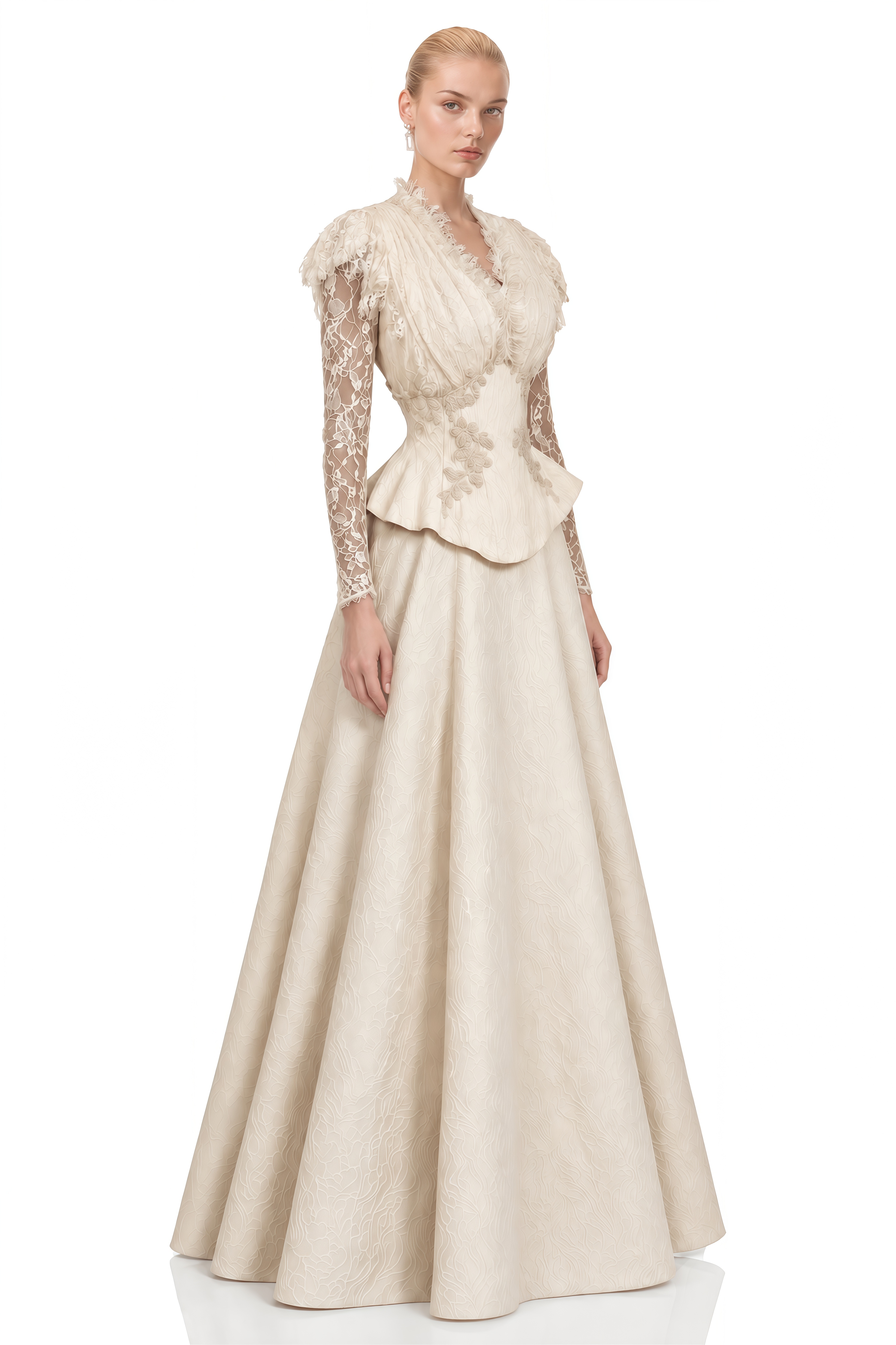Vienne Neutral Lace Sleeves Ruffled Top & Skirt Set
