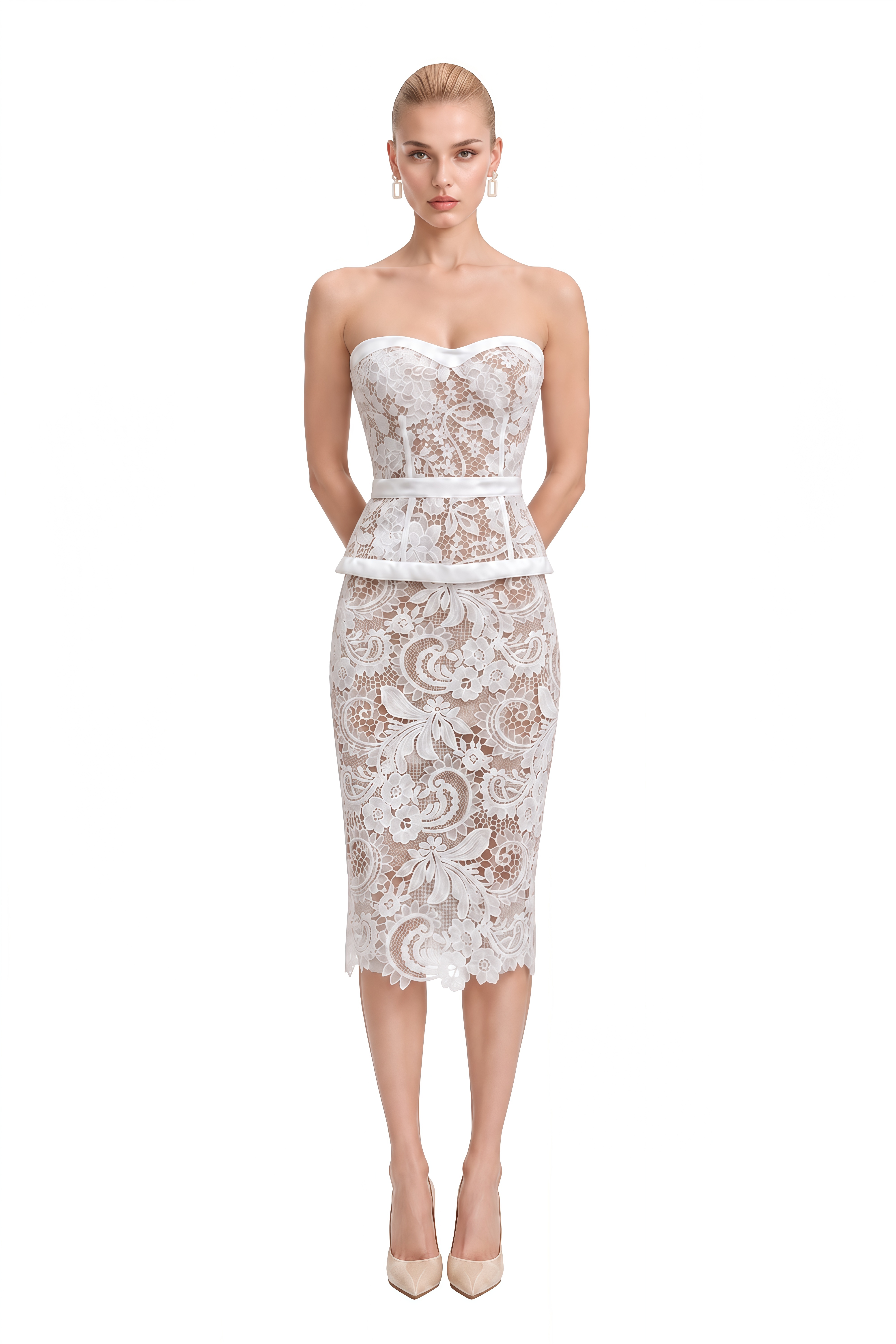 Aurora White Sweetheart Neck Lace Top & Skirt Set