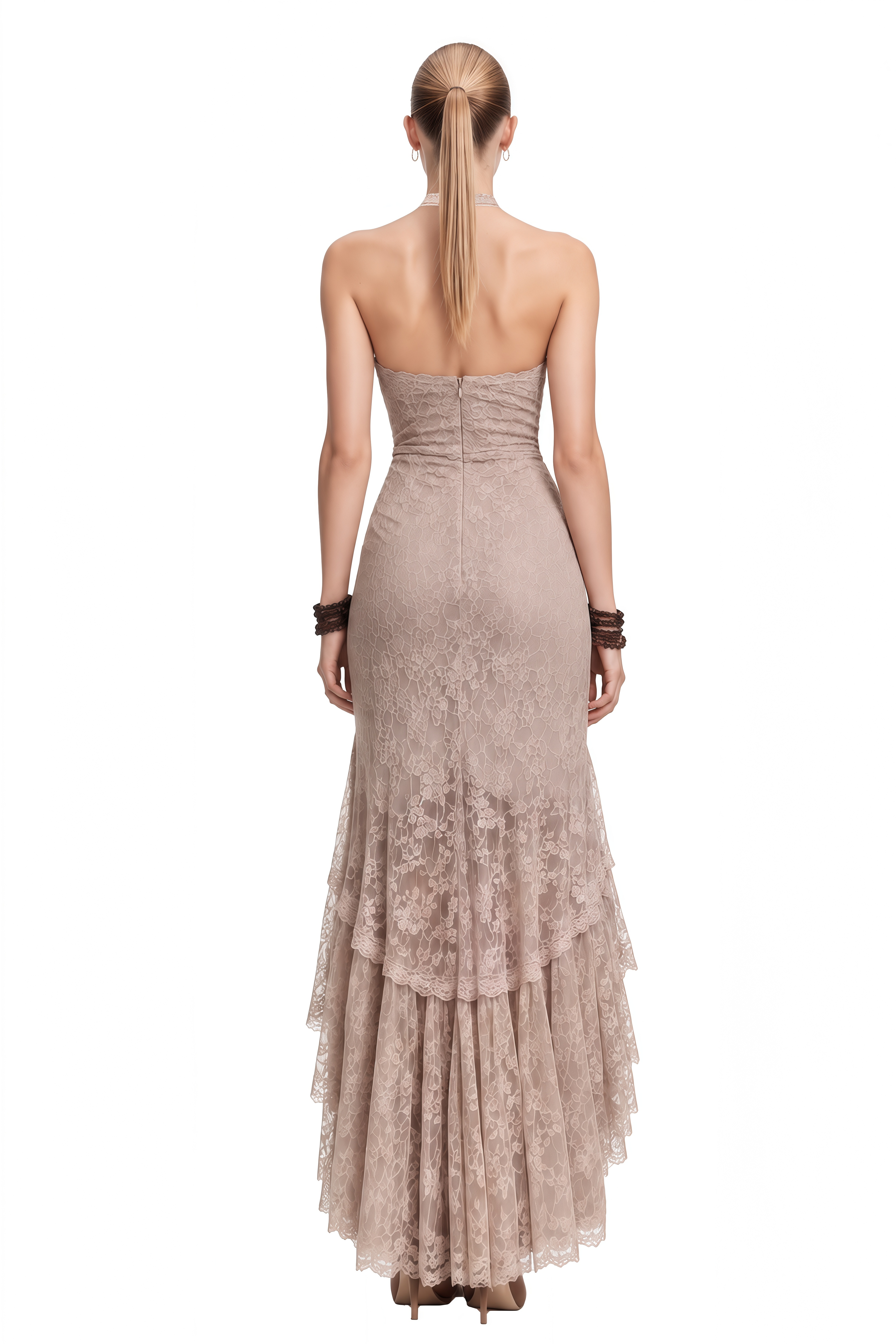 Belle Beige Halterneck High-Low Midi Dress