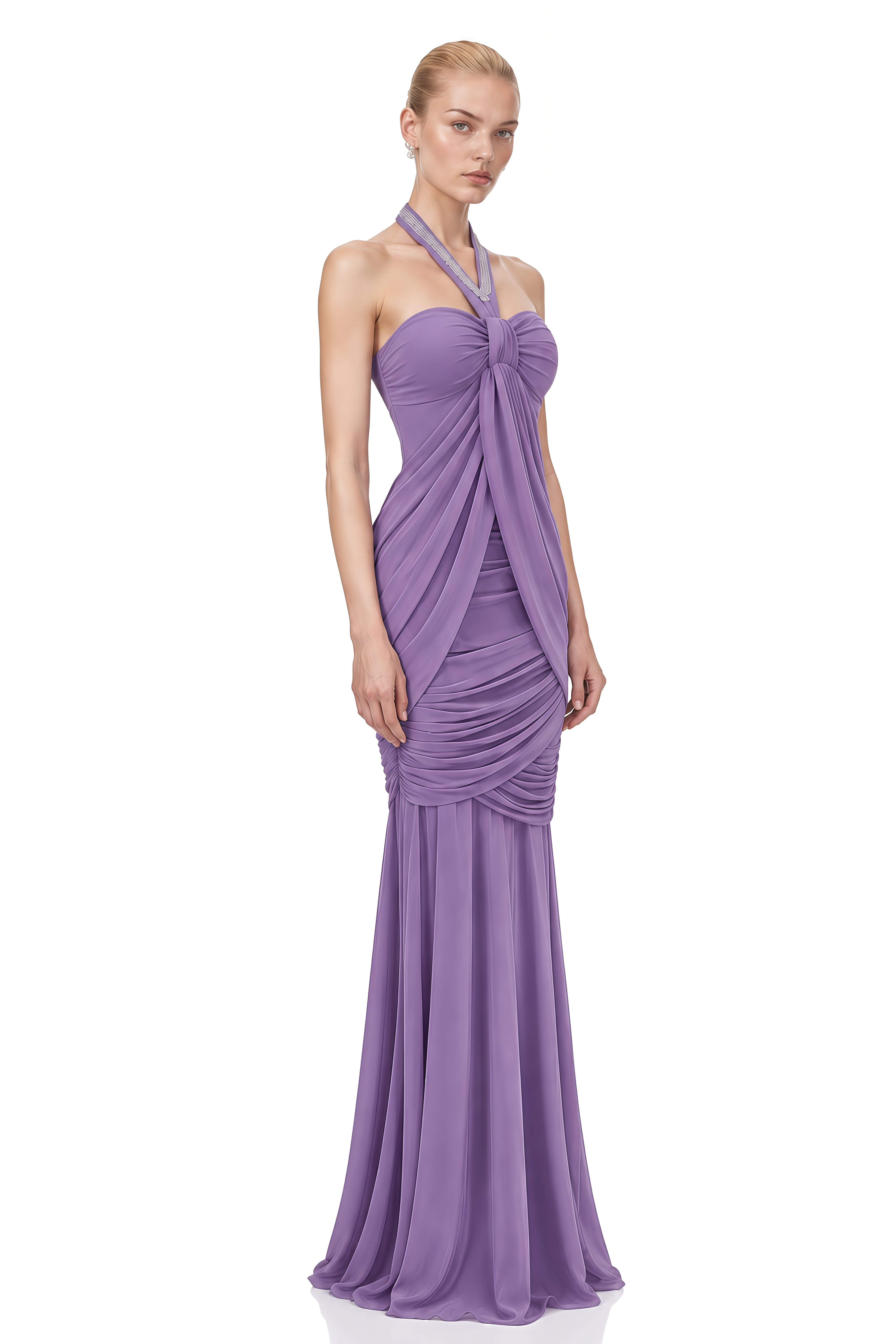 Estelle Purple Halterneck Ruched Maxi Dress