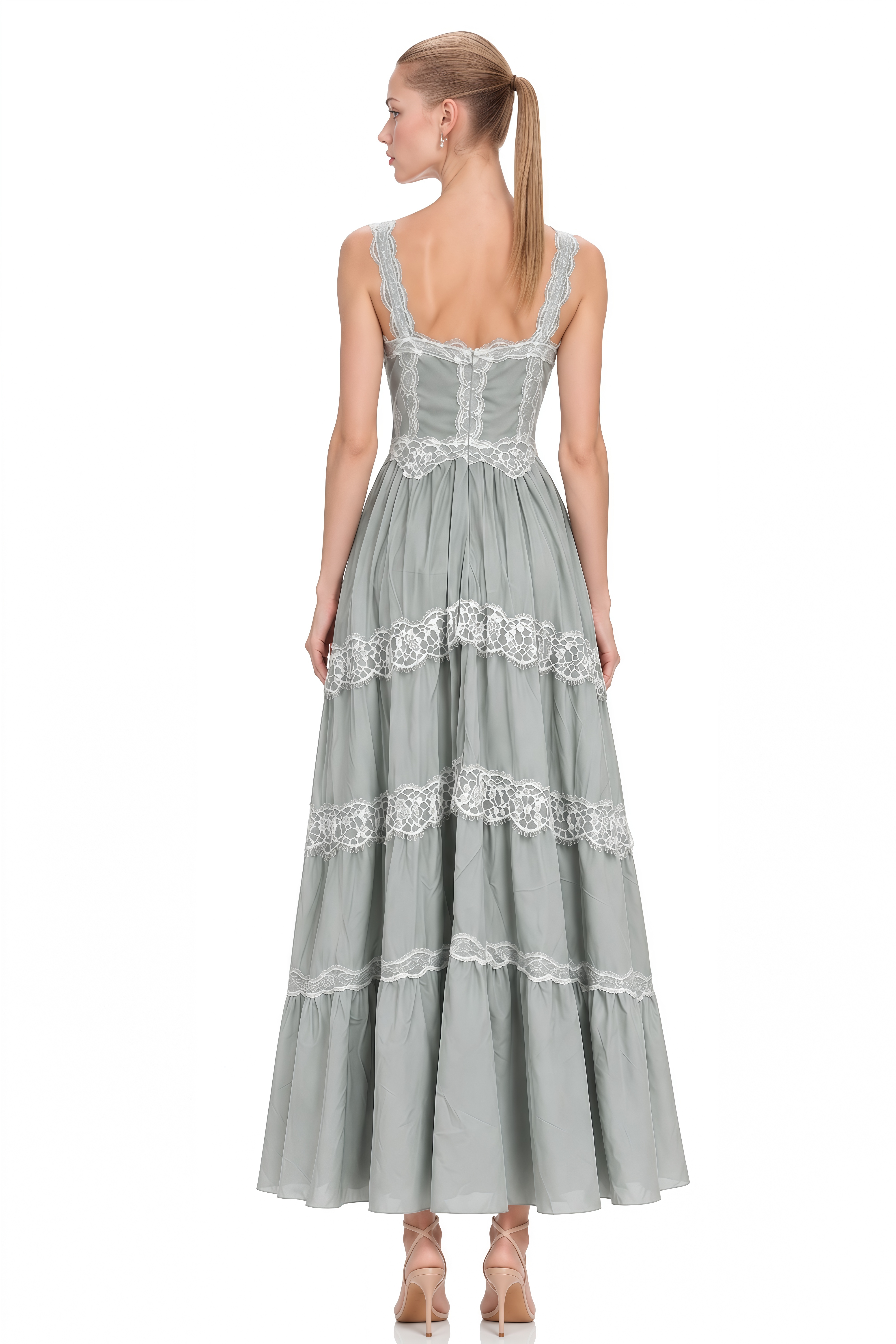 Gwendolyn Dusty Blue Sleeveless Lace Midi Dress