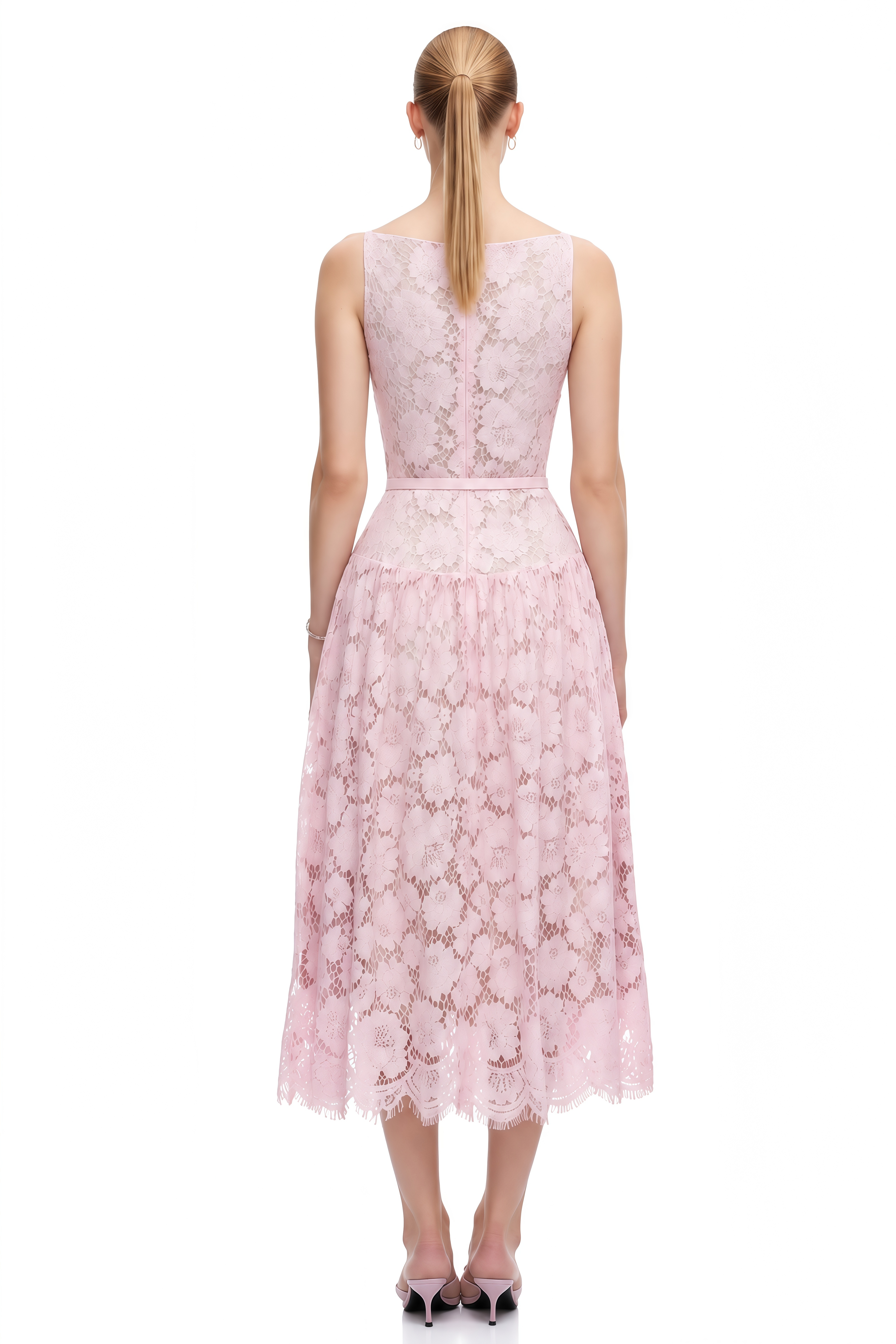 Celine Pink Sleeveless Floral Lace Midi Dress
