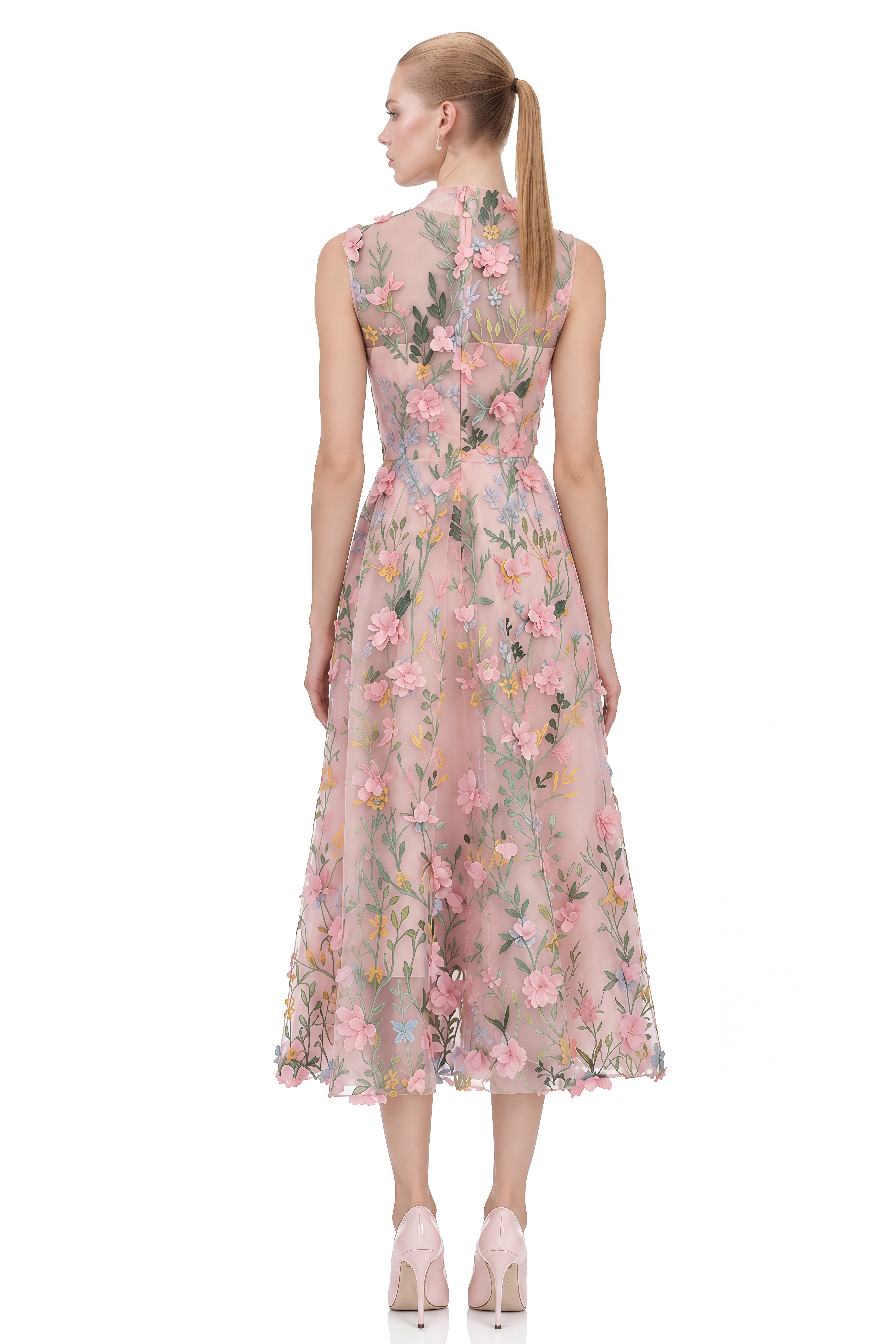Miranda Pink Round Neck Floral Print Midi Dress