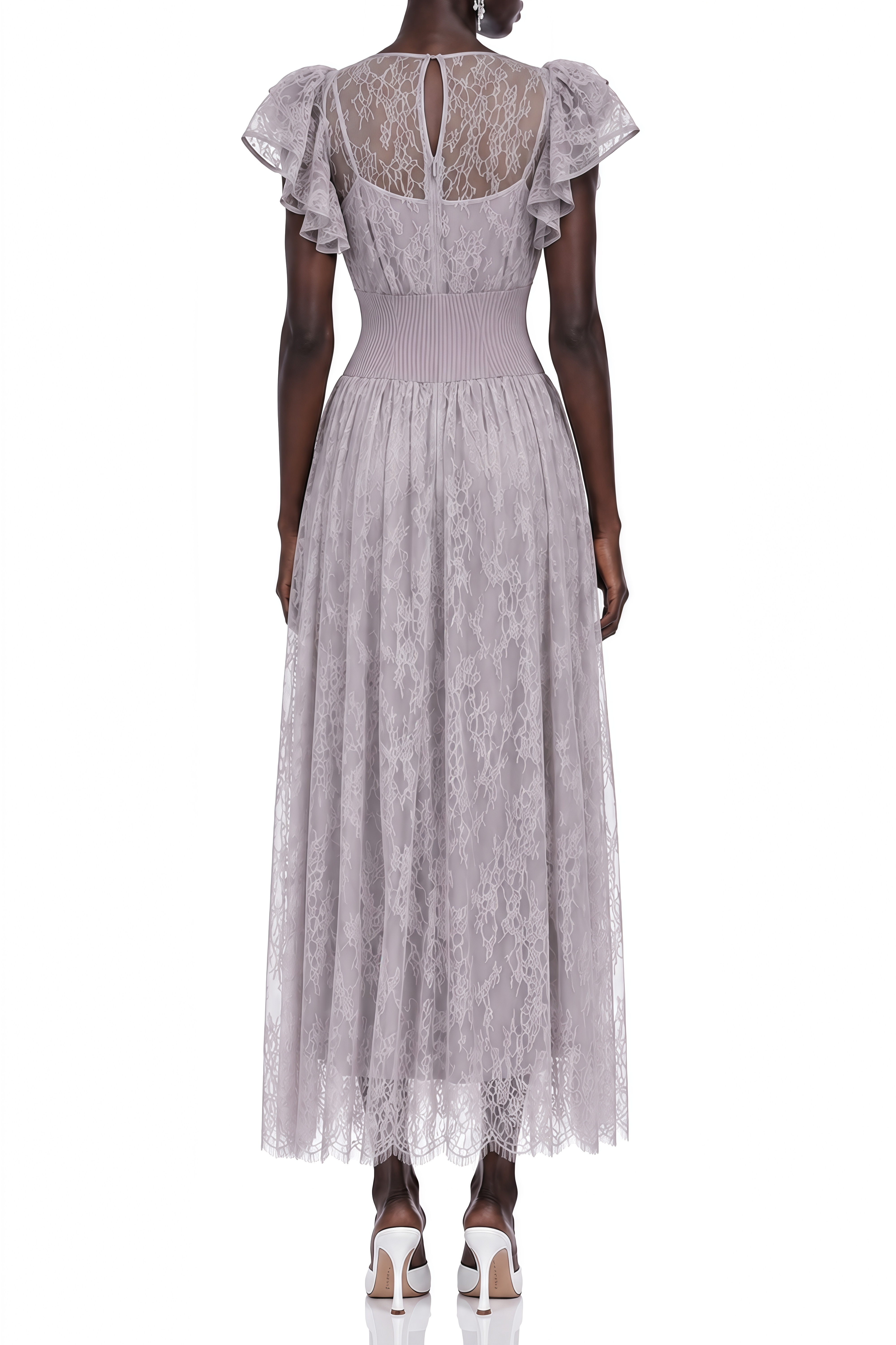 Sylvia Light Grey Puff Sleeve Lace Maxi Dress