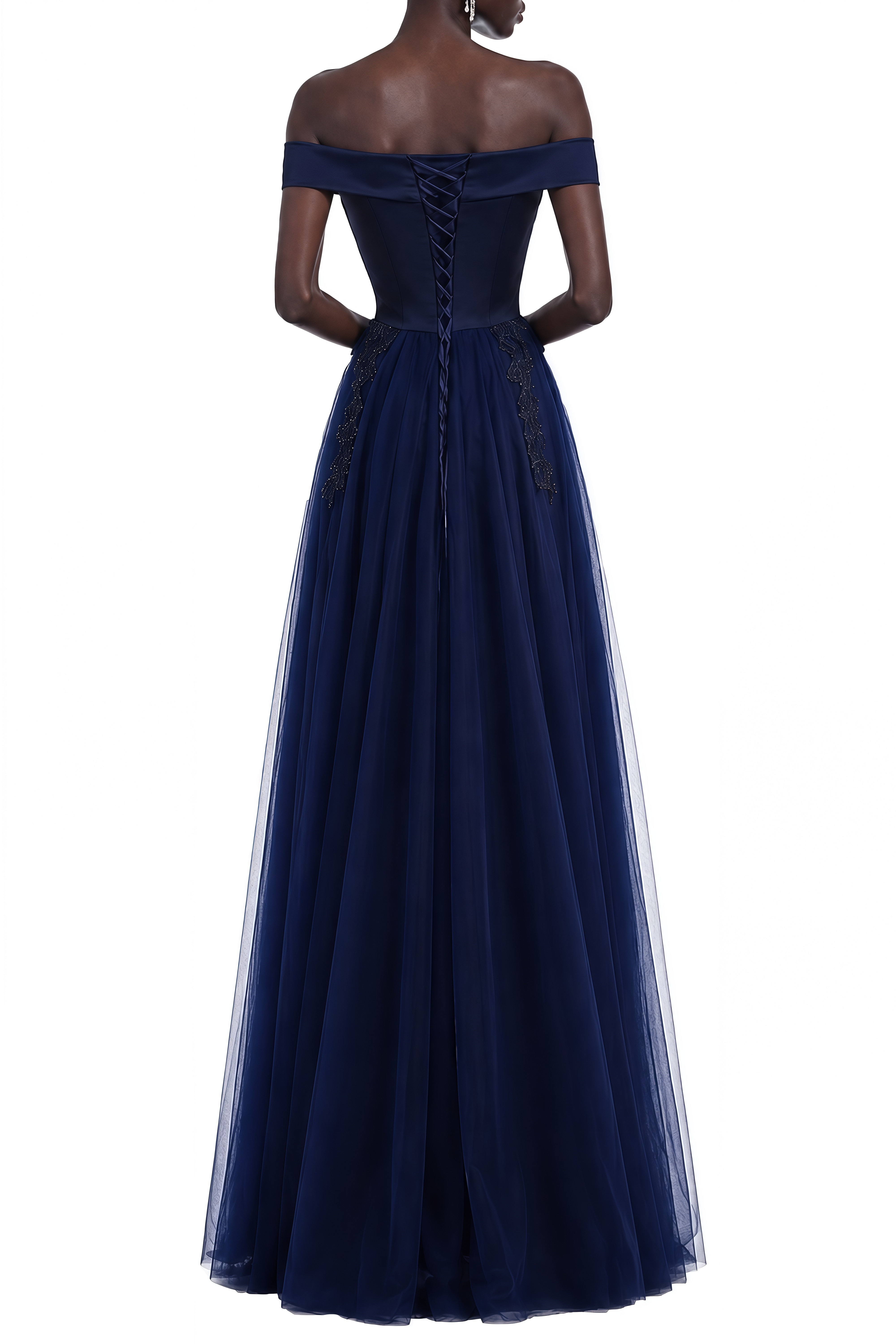 Coralie Navy Blue Off Shoulder Tulle Maxi Dress