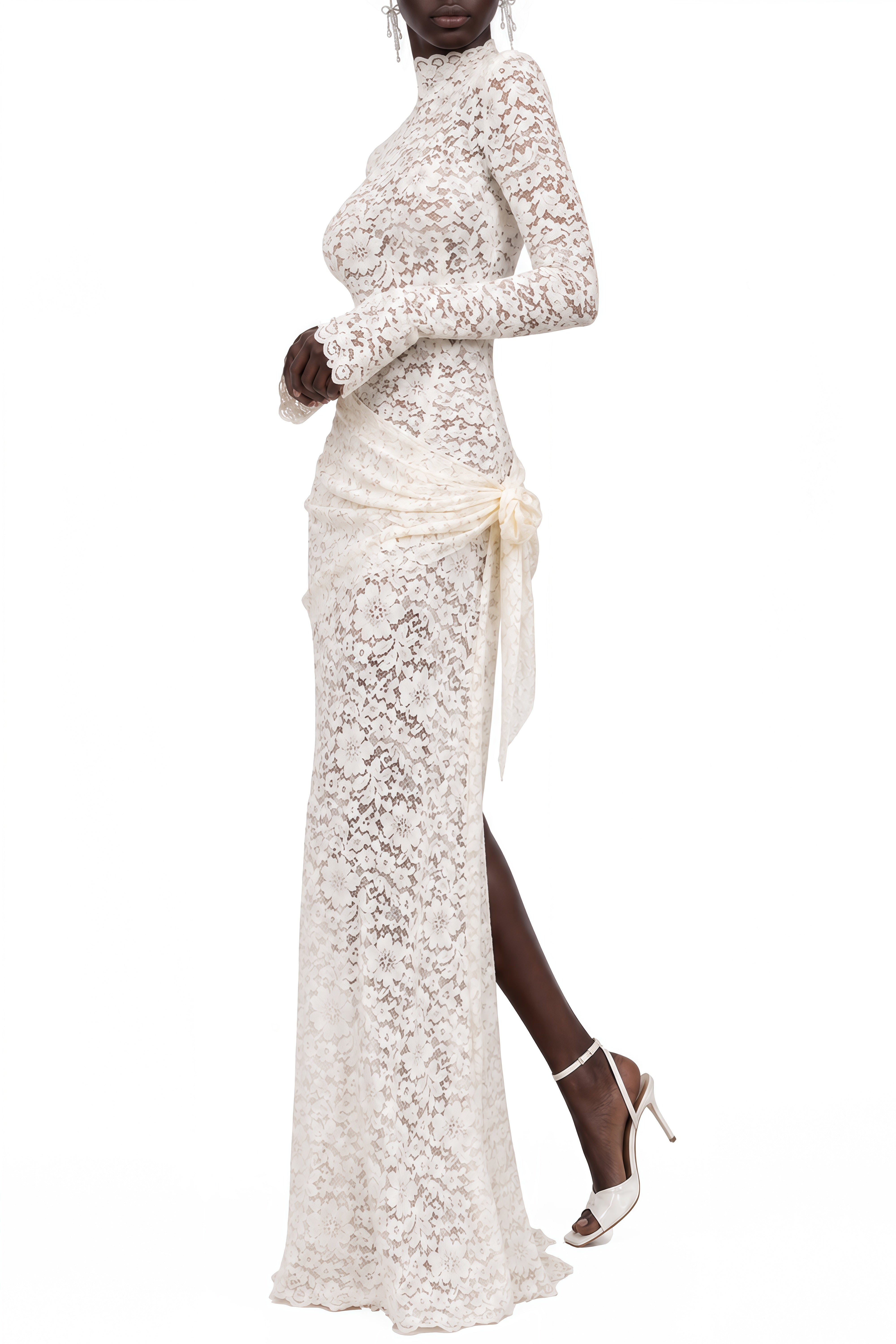 Liora White Turtleneck Lace Maxi Dress