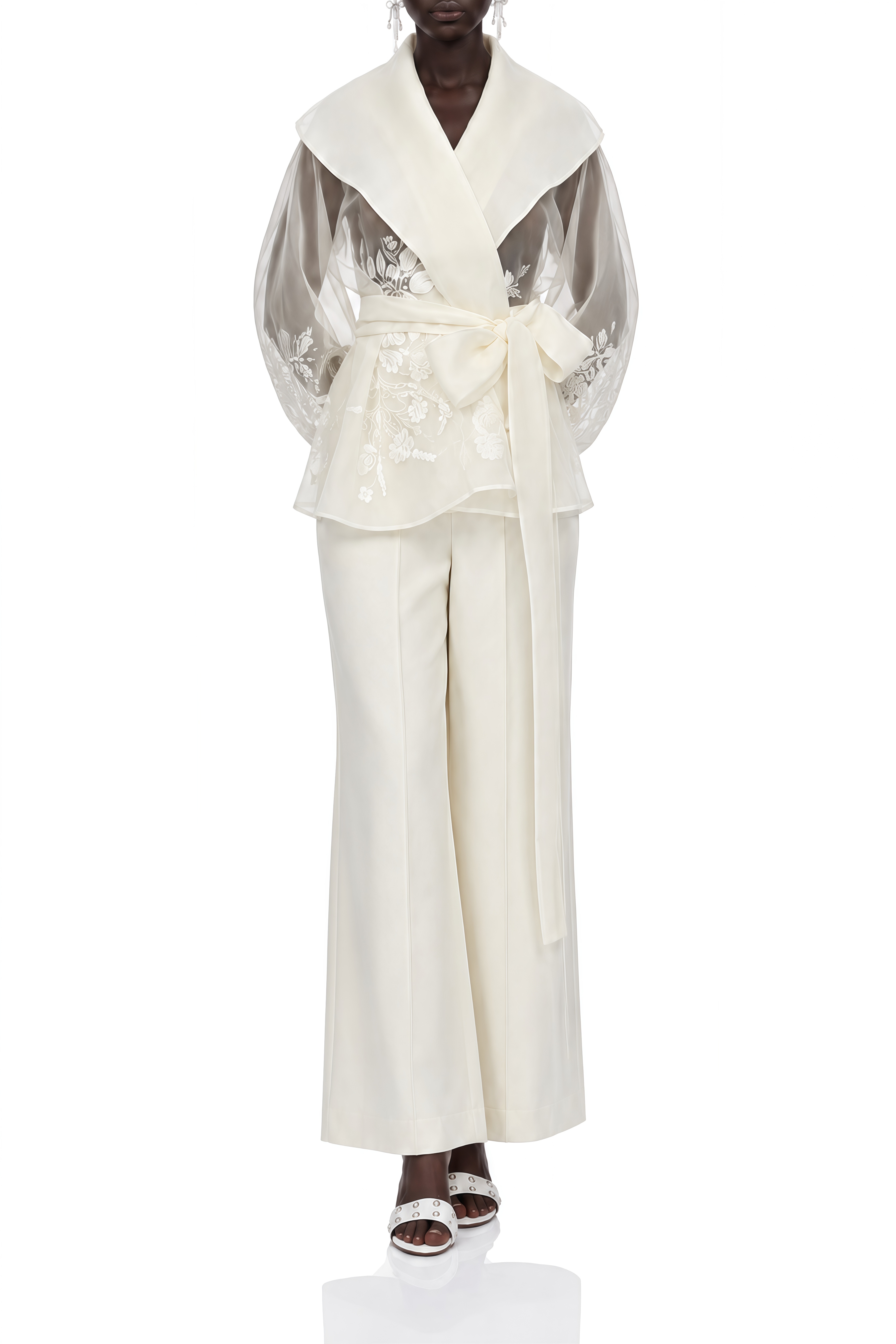 Elizabeth White Sheer Floral Embroidered Blouse