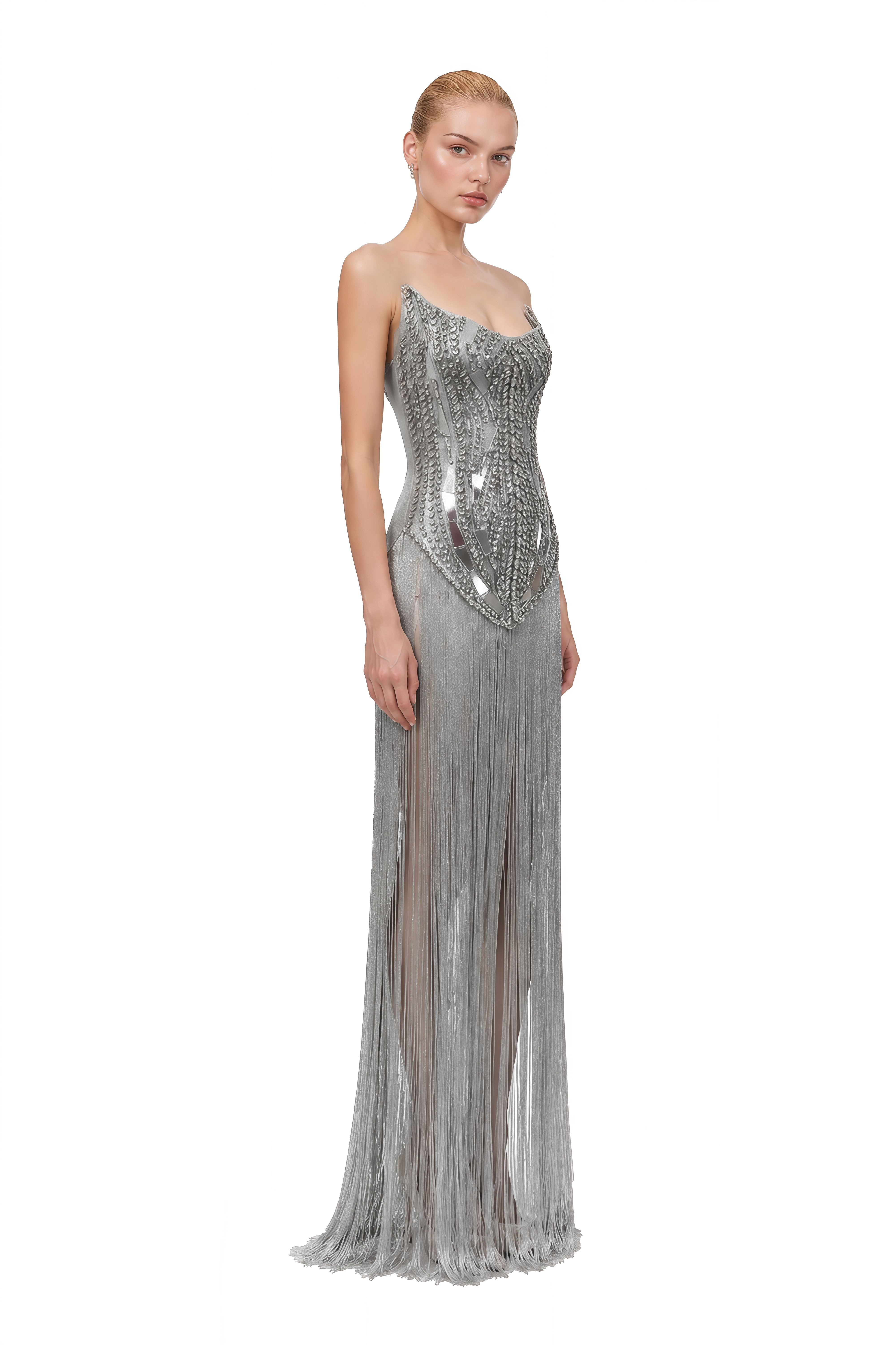 Isadora Grey Strapless Fringe Maxi Dress