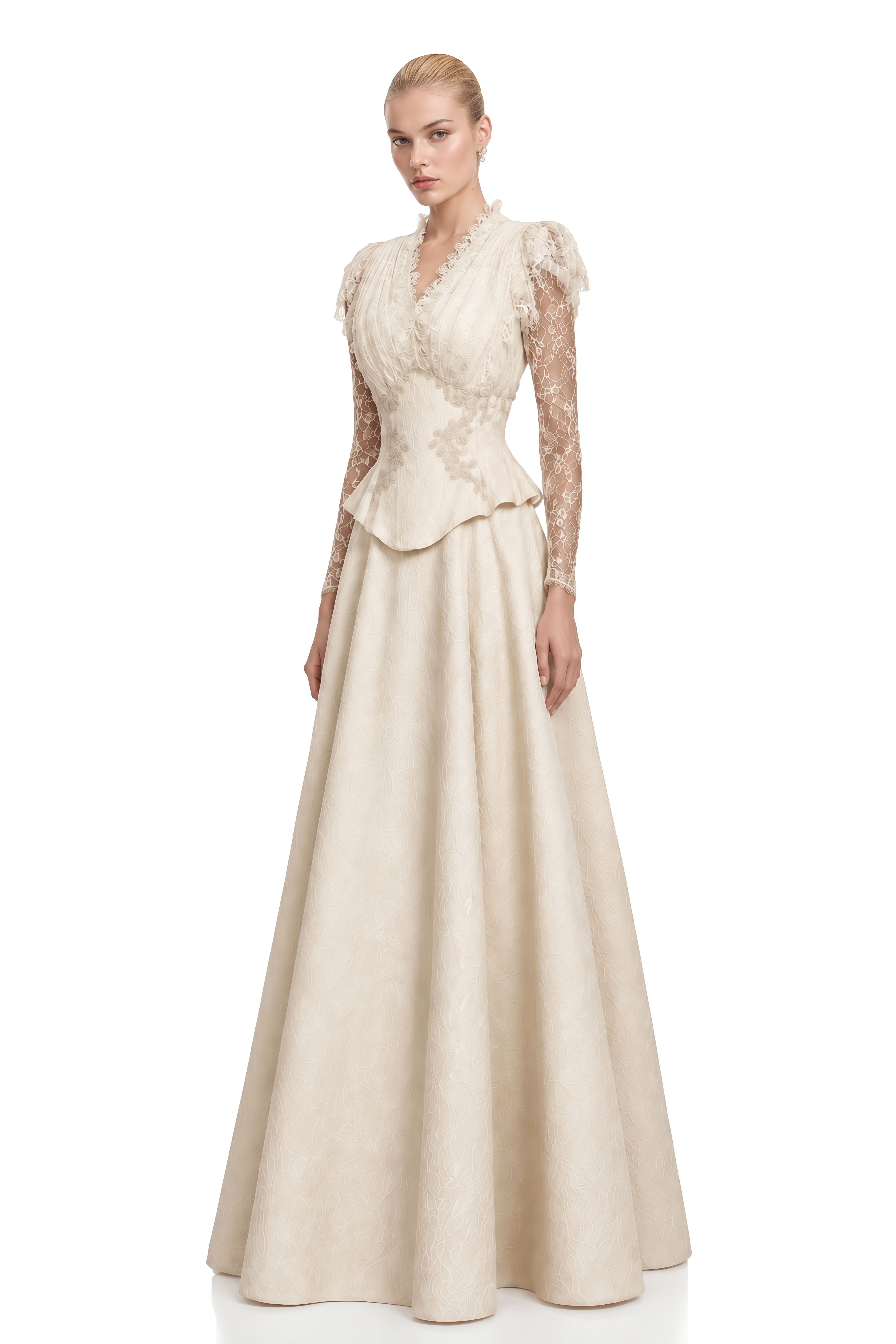 Vienne Neutral Lace Sleeves Ruffled Top & Skirt Set