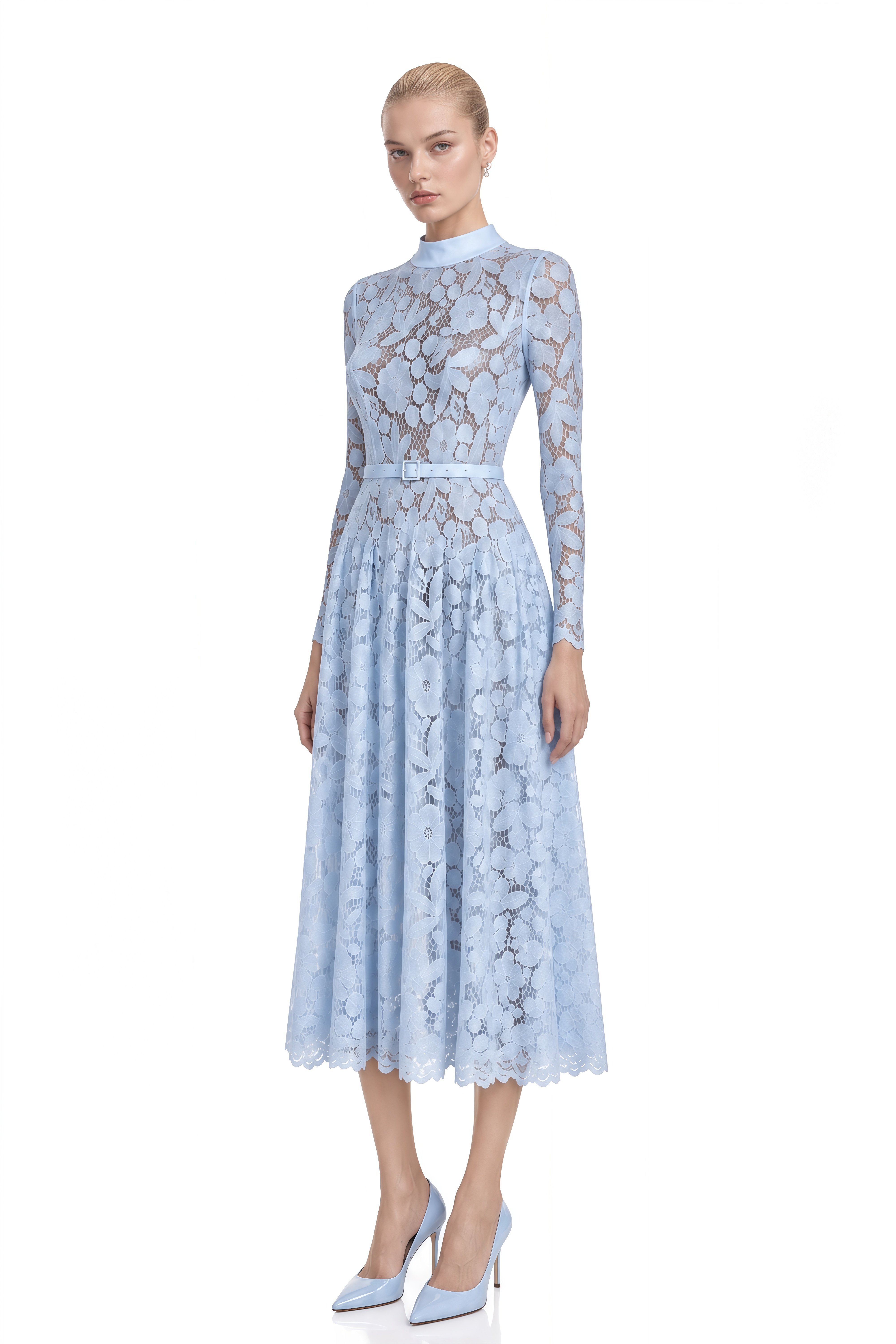 Thalia Blue Turtleneck Floral Lace Midi Dress