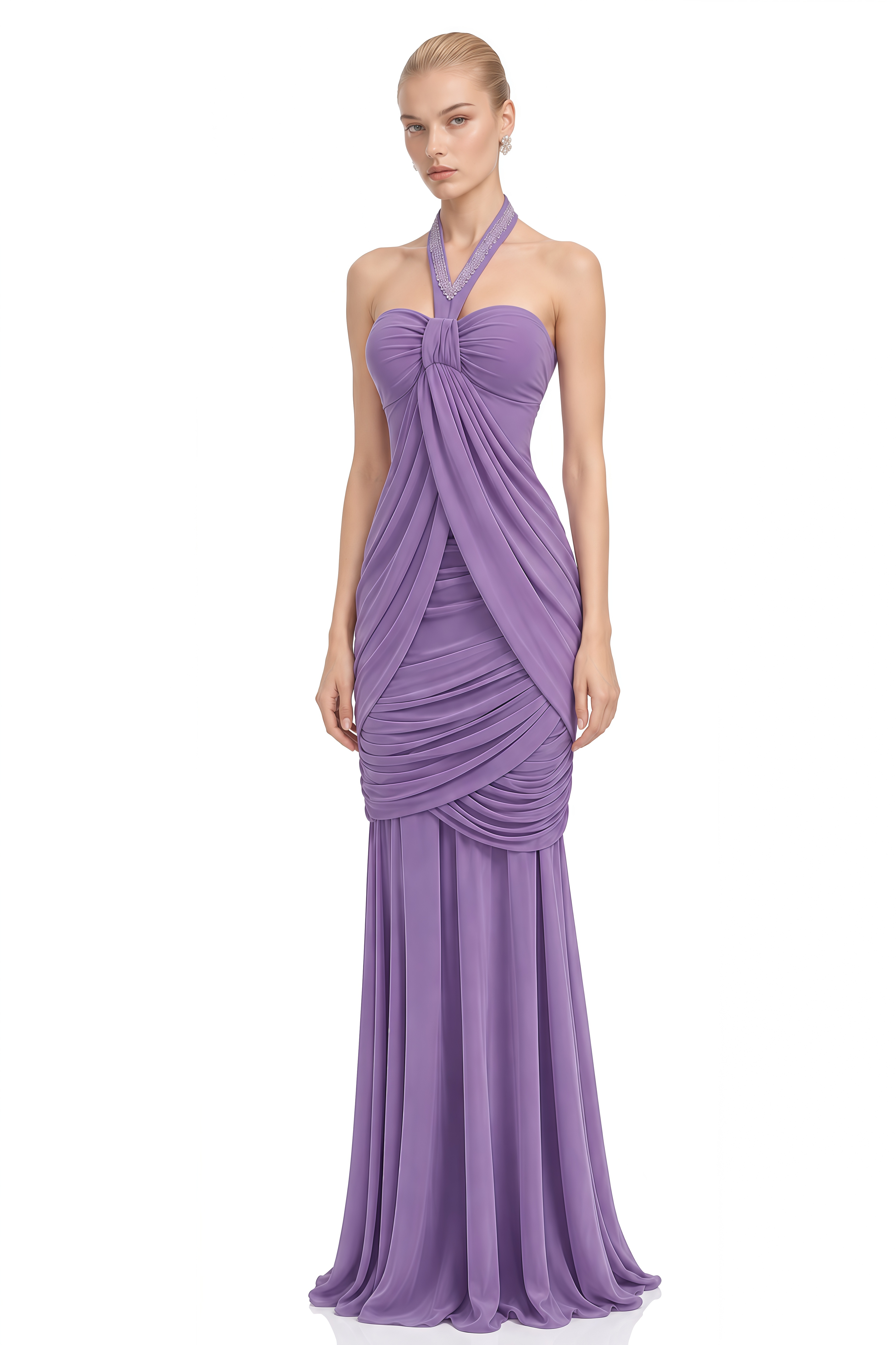 Estelle Purple Halterneck Ruched Maxi Dress