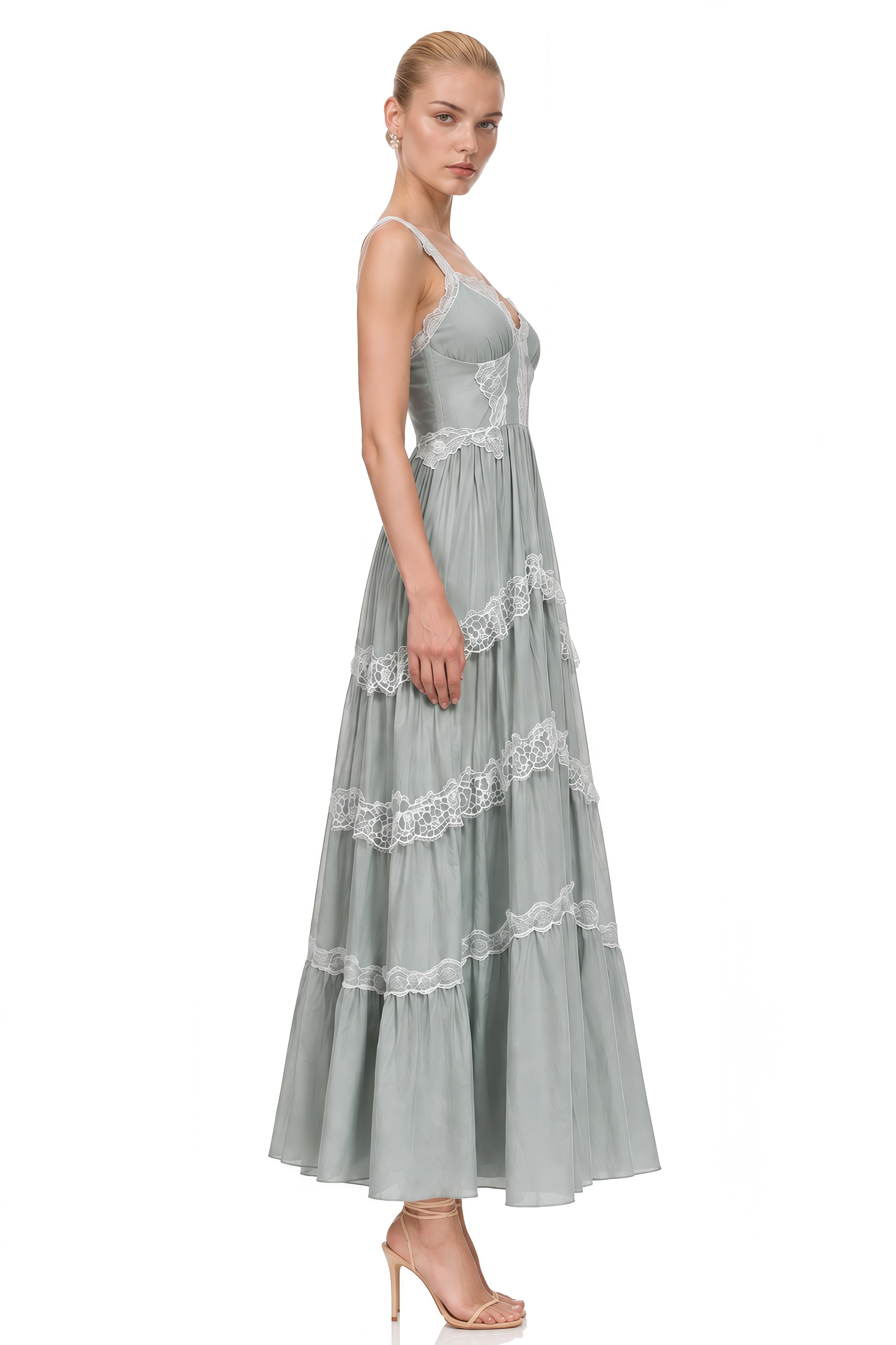 Gwendolyn Dusty Blue Sleeveless Lace Midi Dress