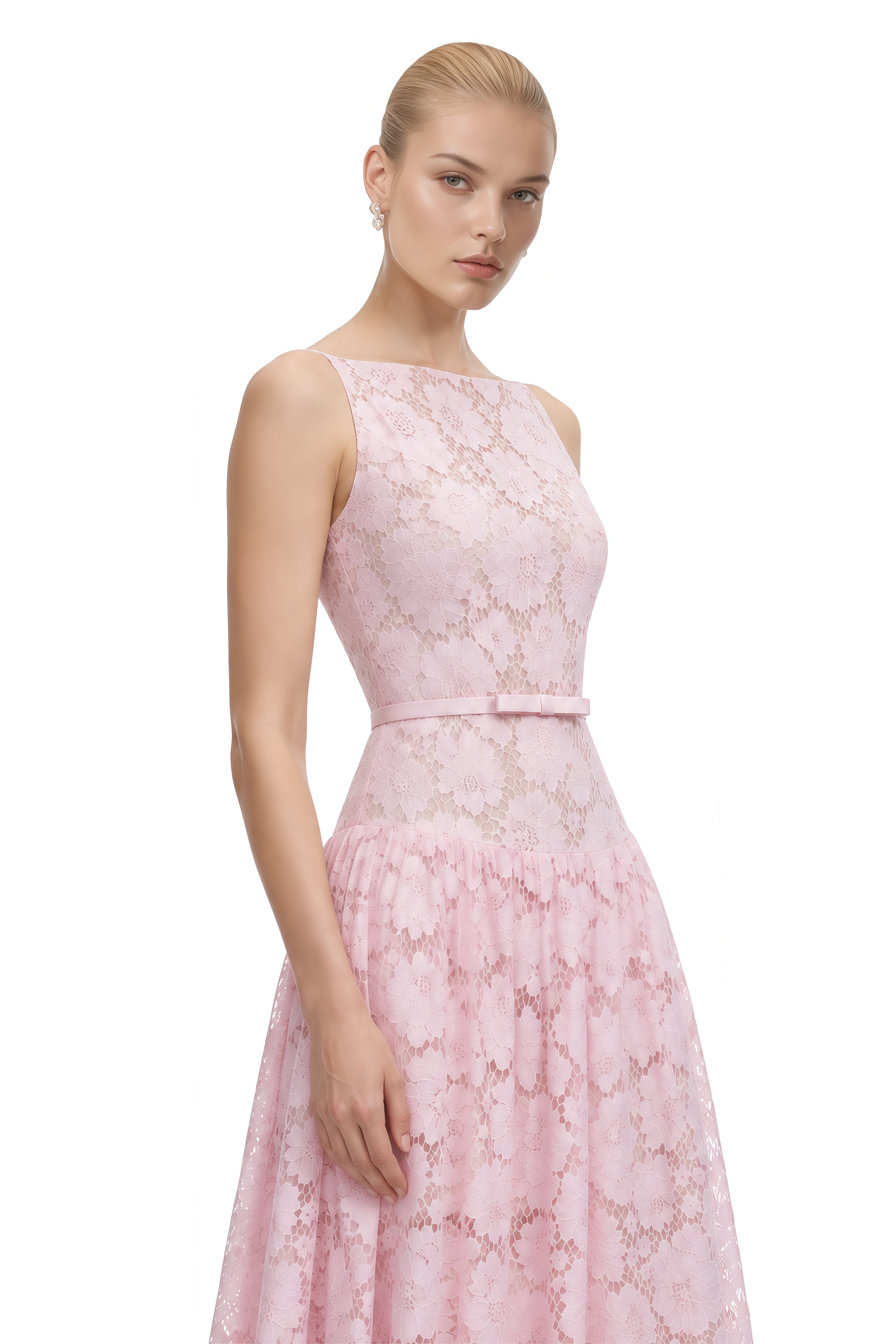 Celine Pink Sleeveless Floral Lace Midi Dress