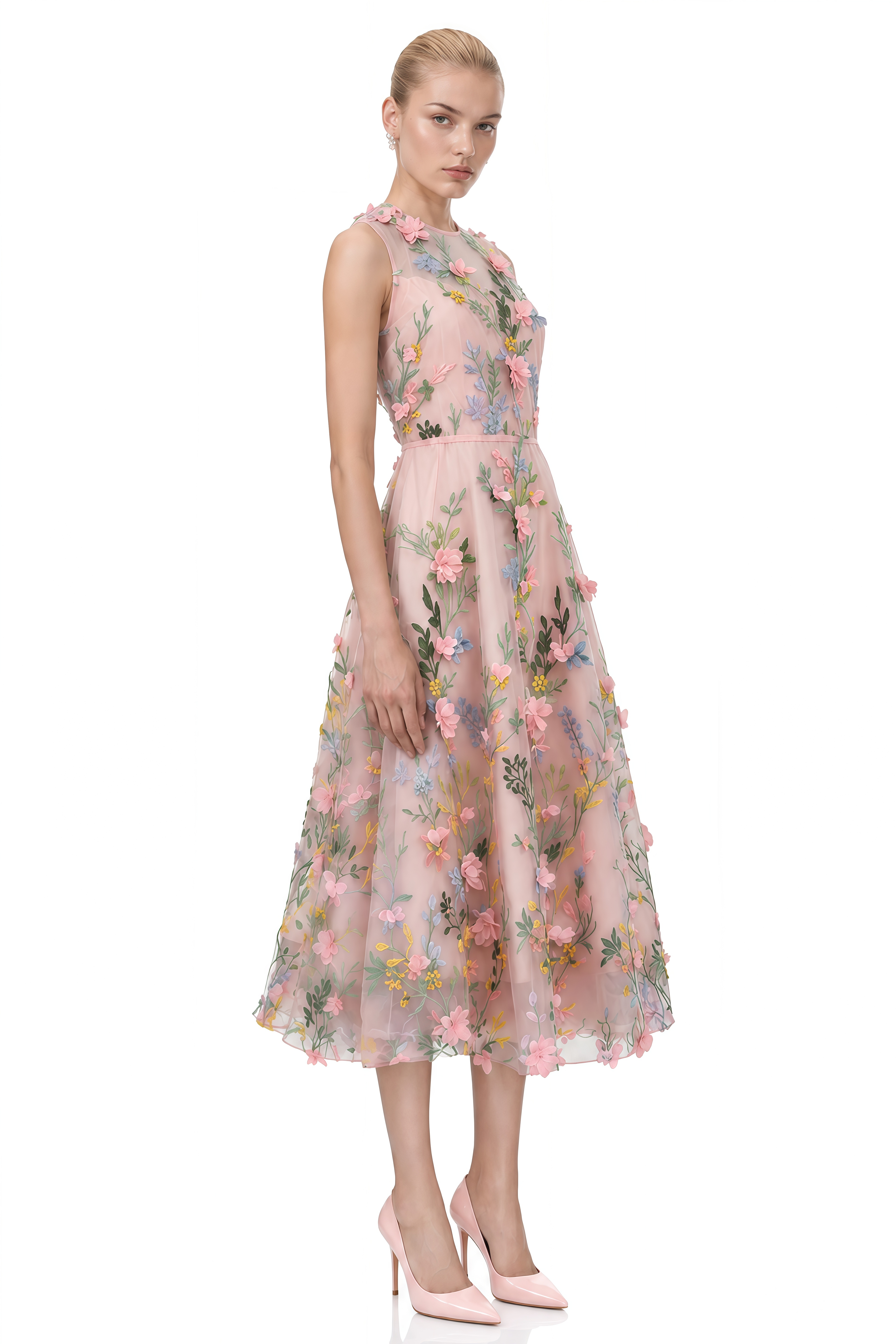 Miranda Pink Round Neck Floral Print Midi Dress