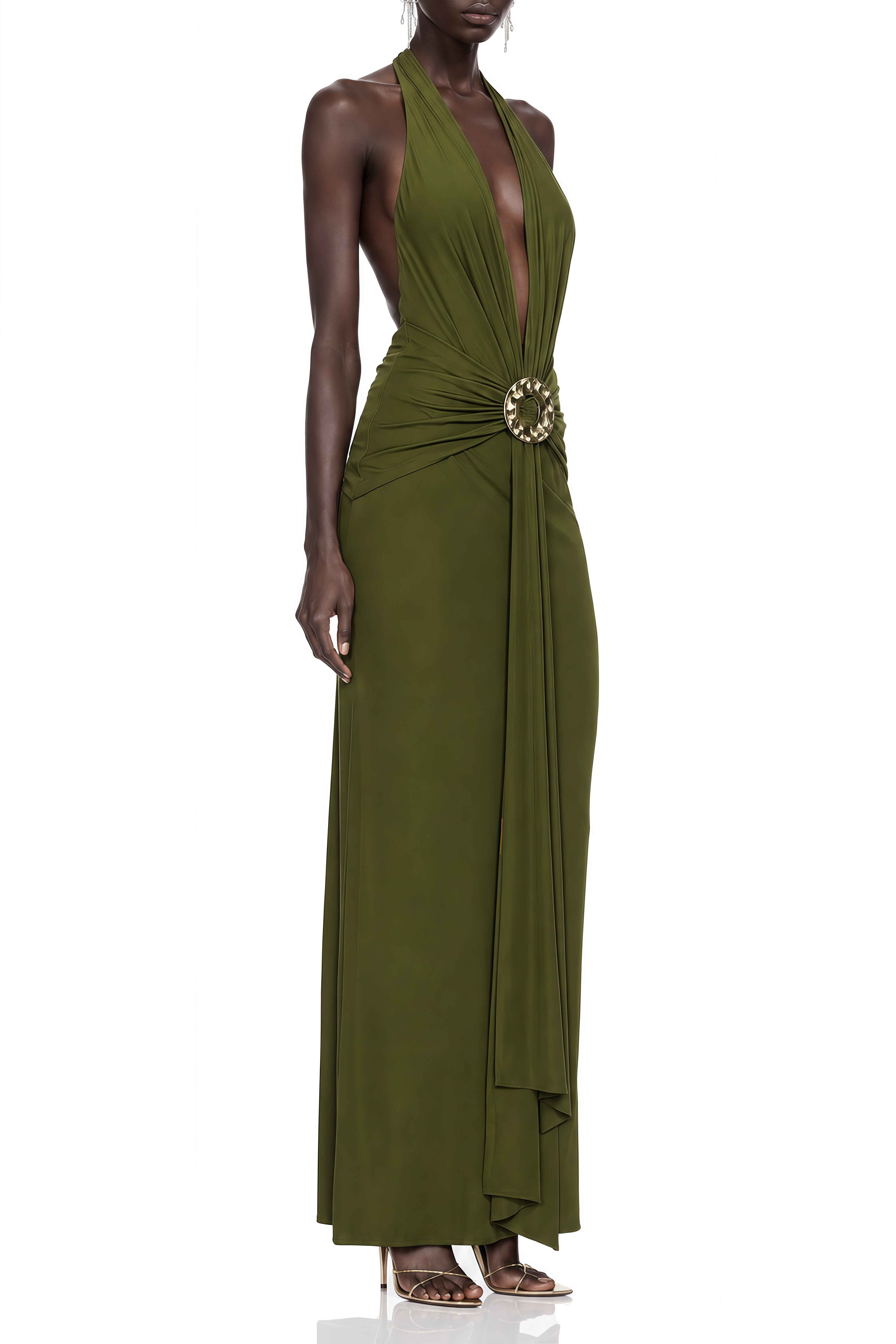 Cecile Green Halterneck V-Neck Maxi Dress