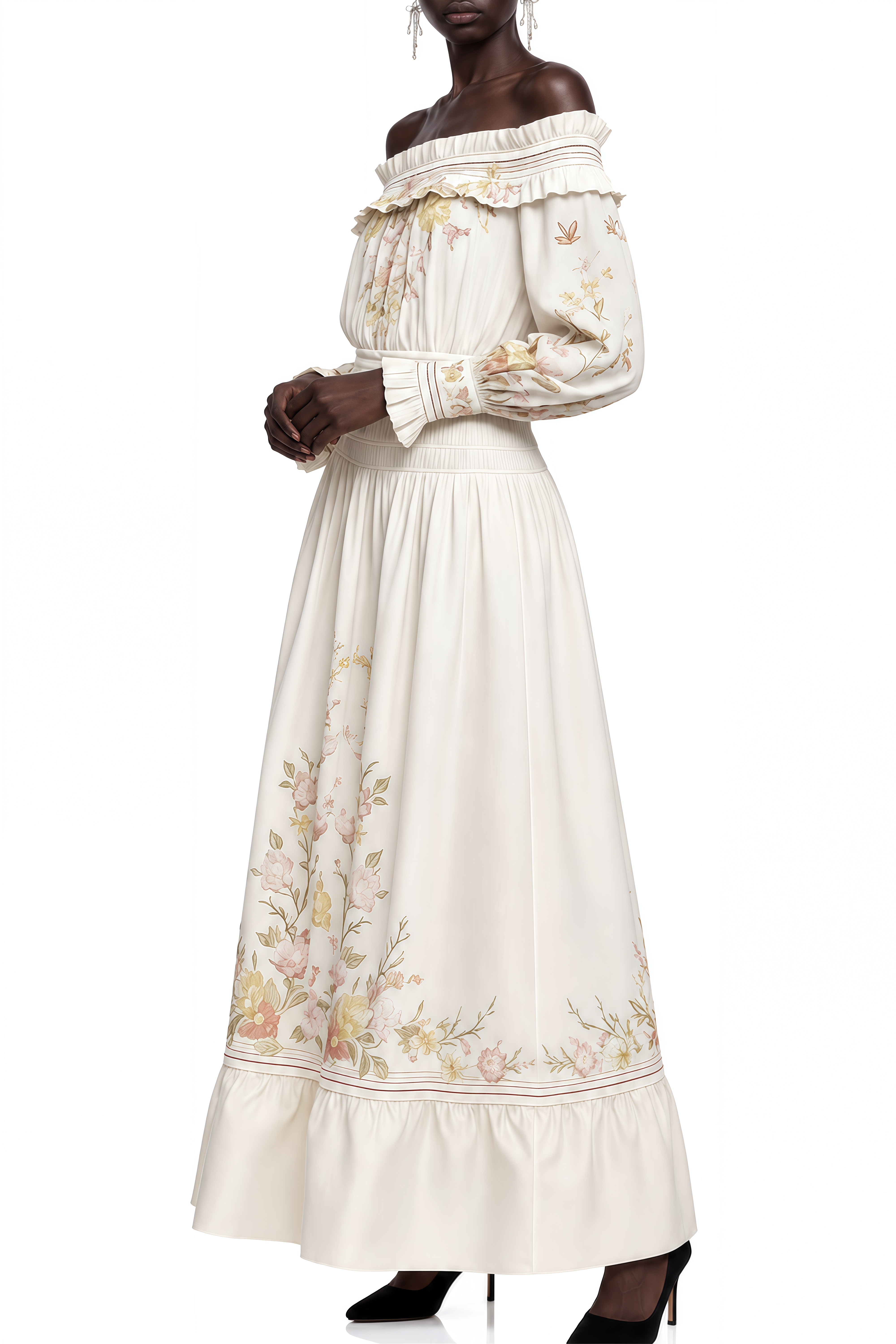 Felicity Ivory Off Shoulder Floral Maxi Dress