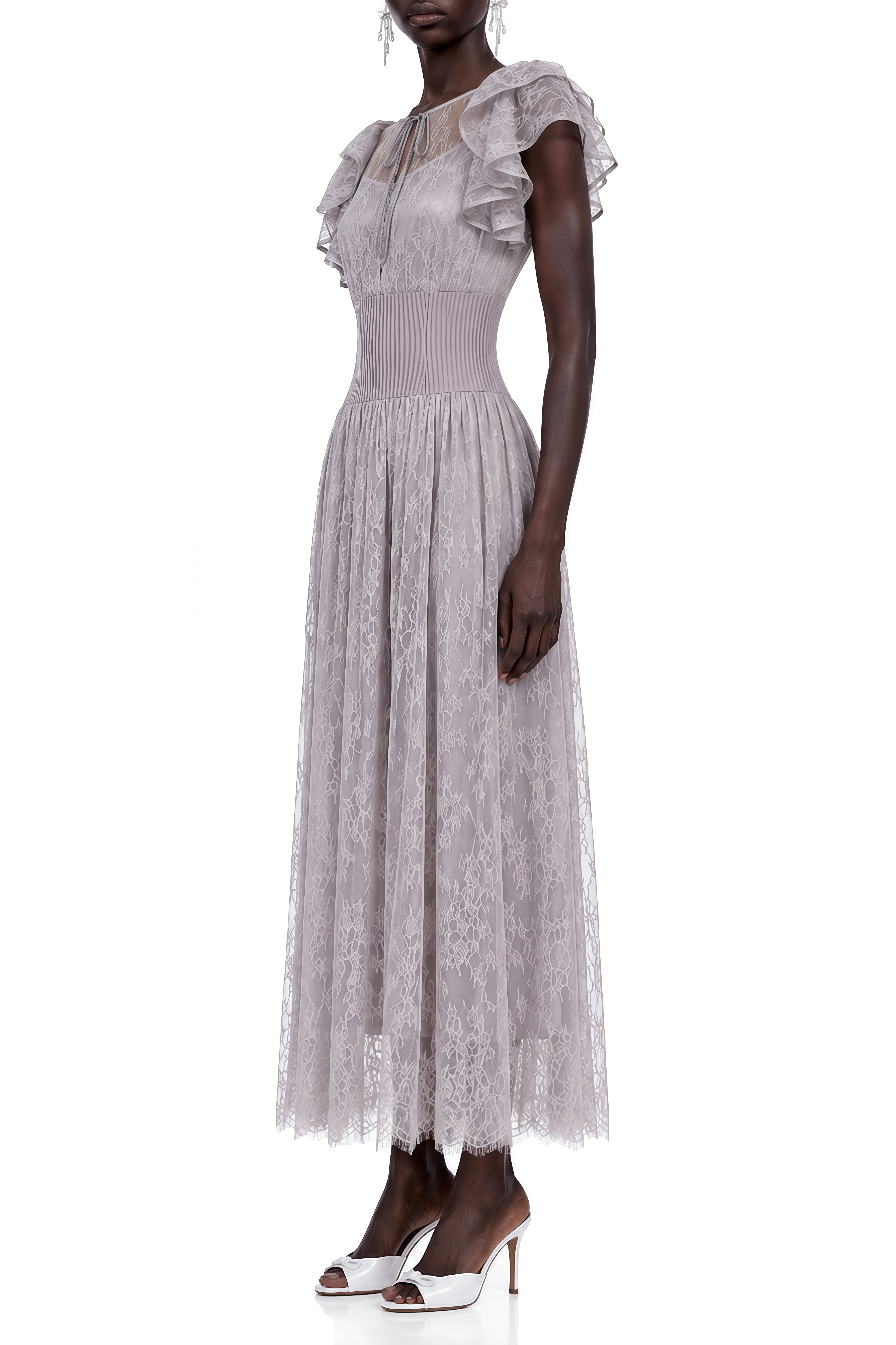 Sylvia Light Grey Puff Sleeve Lace Maxi Dress